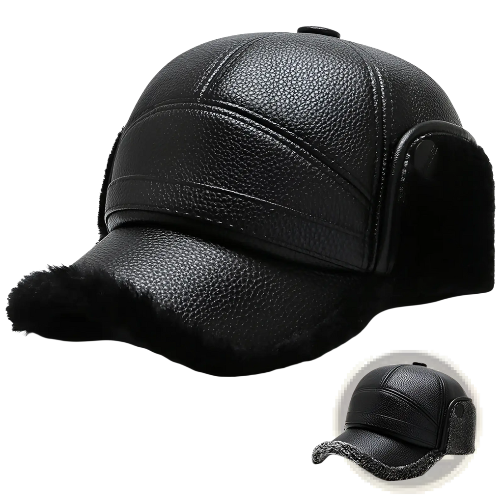 Men leather winter baseball cap in black faux leather with plush fur trim on the brim and ear flaps for warmth