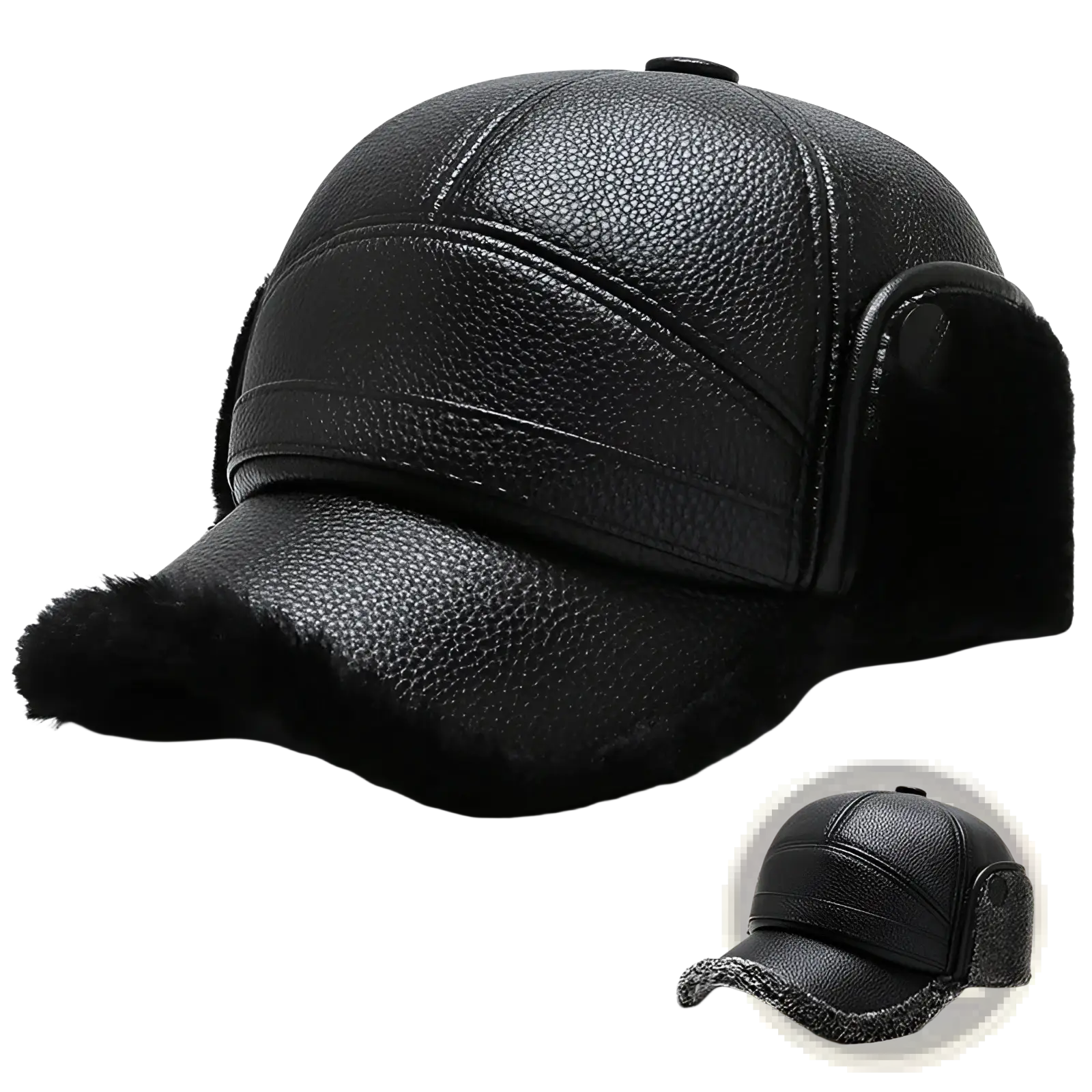 Men leather winter baseball cap in black faux leather with plush fur trim on the brim and ear flaps for warmth