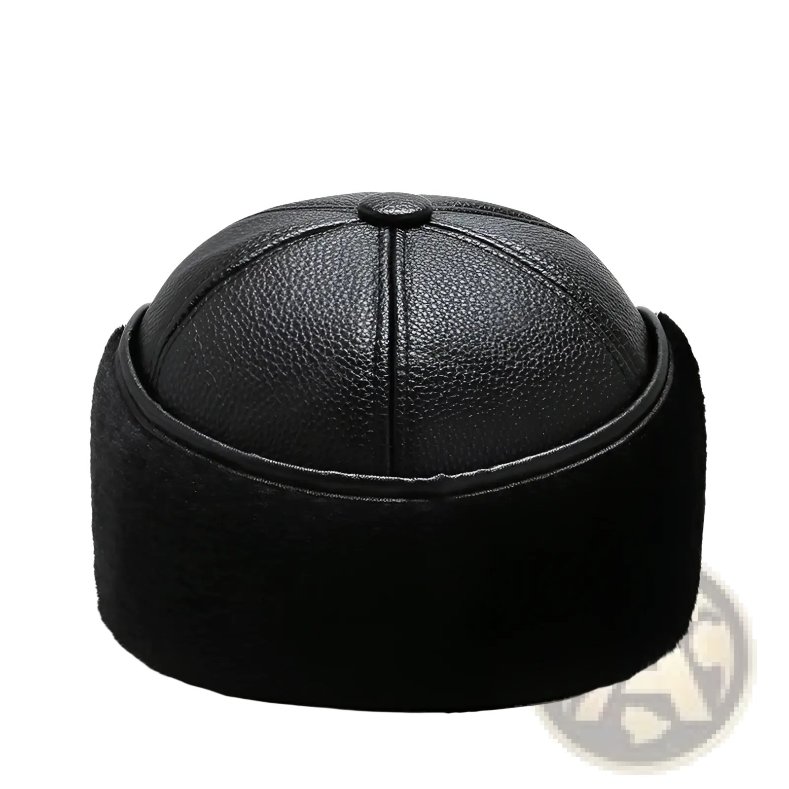 Men leather winter baseball cap in black with fur ear flaps and textured top featuring plush soft lining