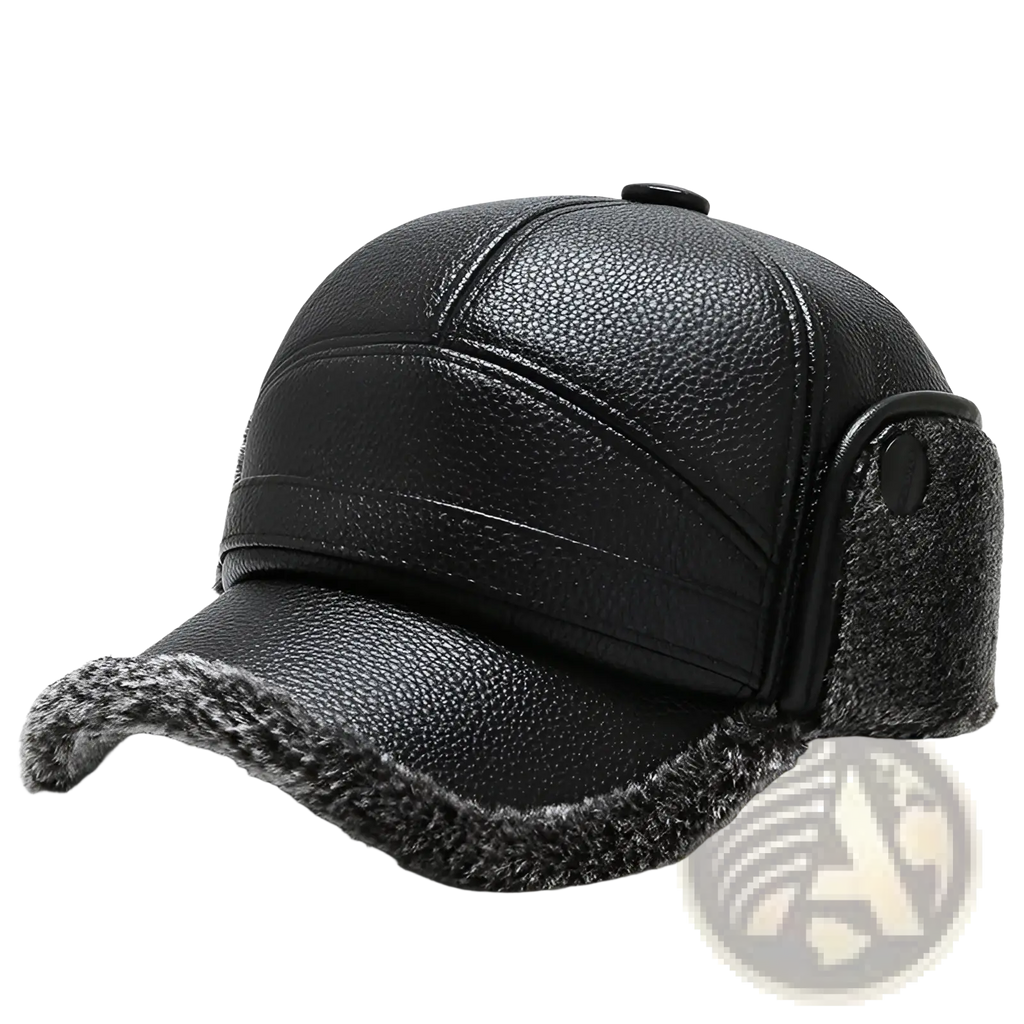 Men leather winter baseball cap in black with fuzzy gray lining and ear flaps for cold weather use
