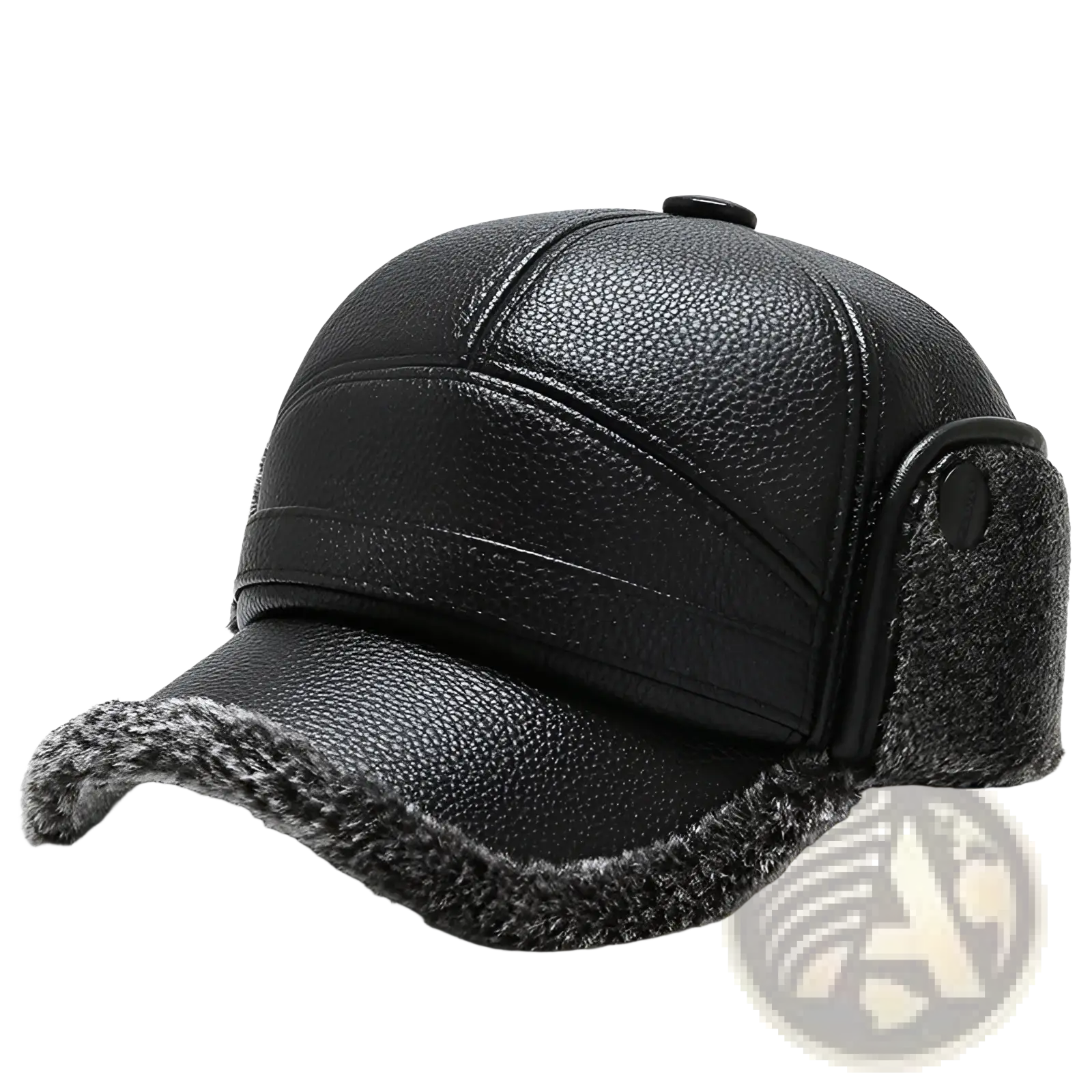 Men leather winter baseball cap in black with fuzzy gray lining and ear flaps for cold weather use
