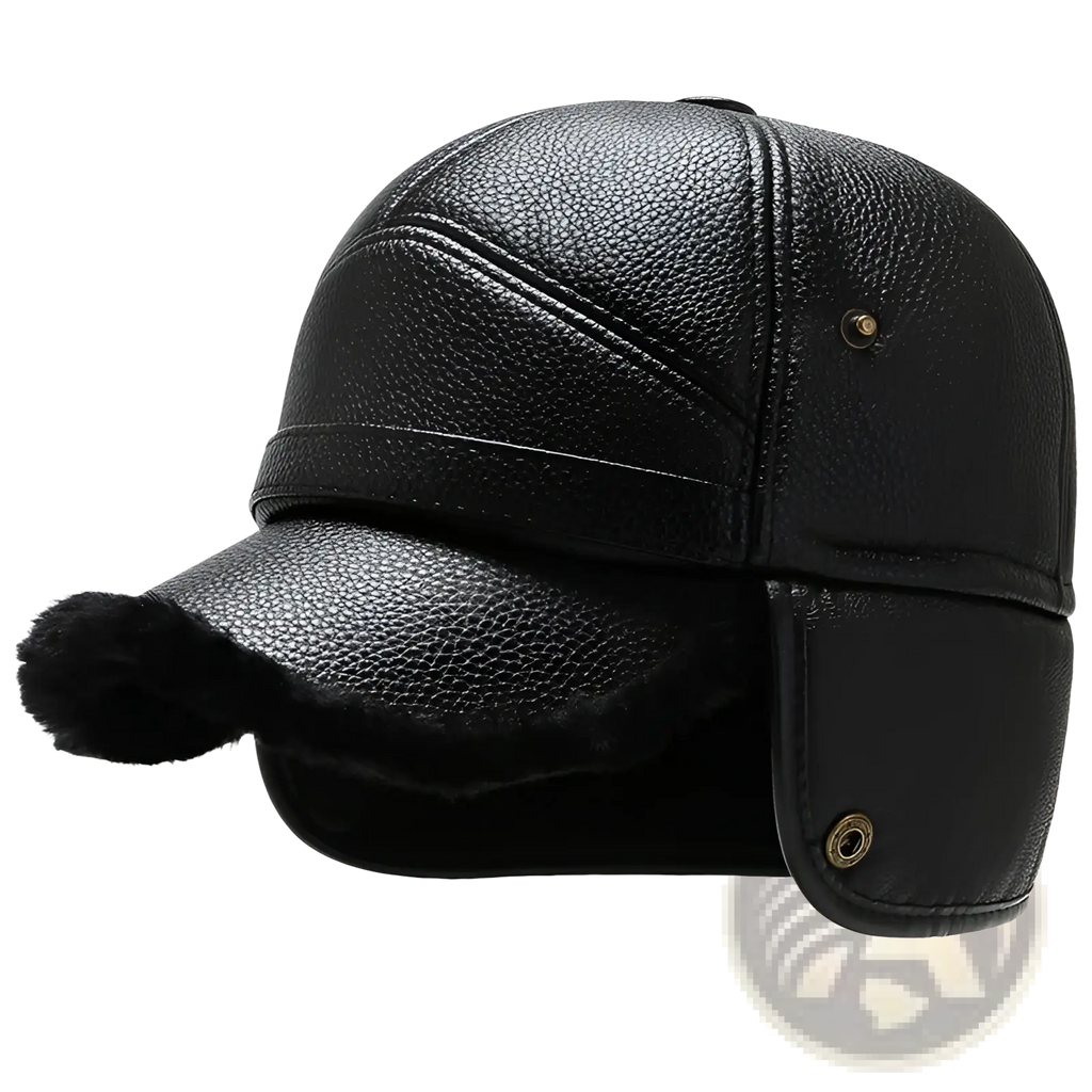 Men leather winter baseball cap in black with fur-lined brim and ear flaps designed for cold weather