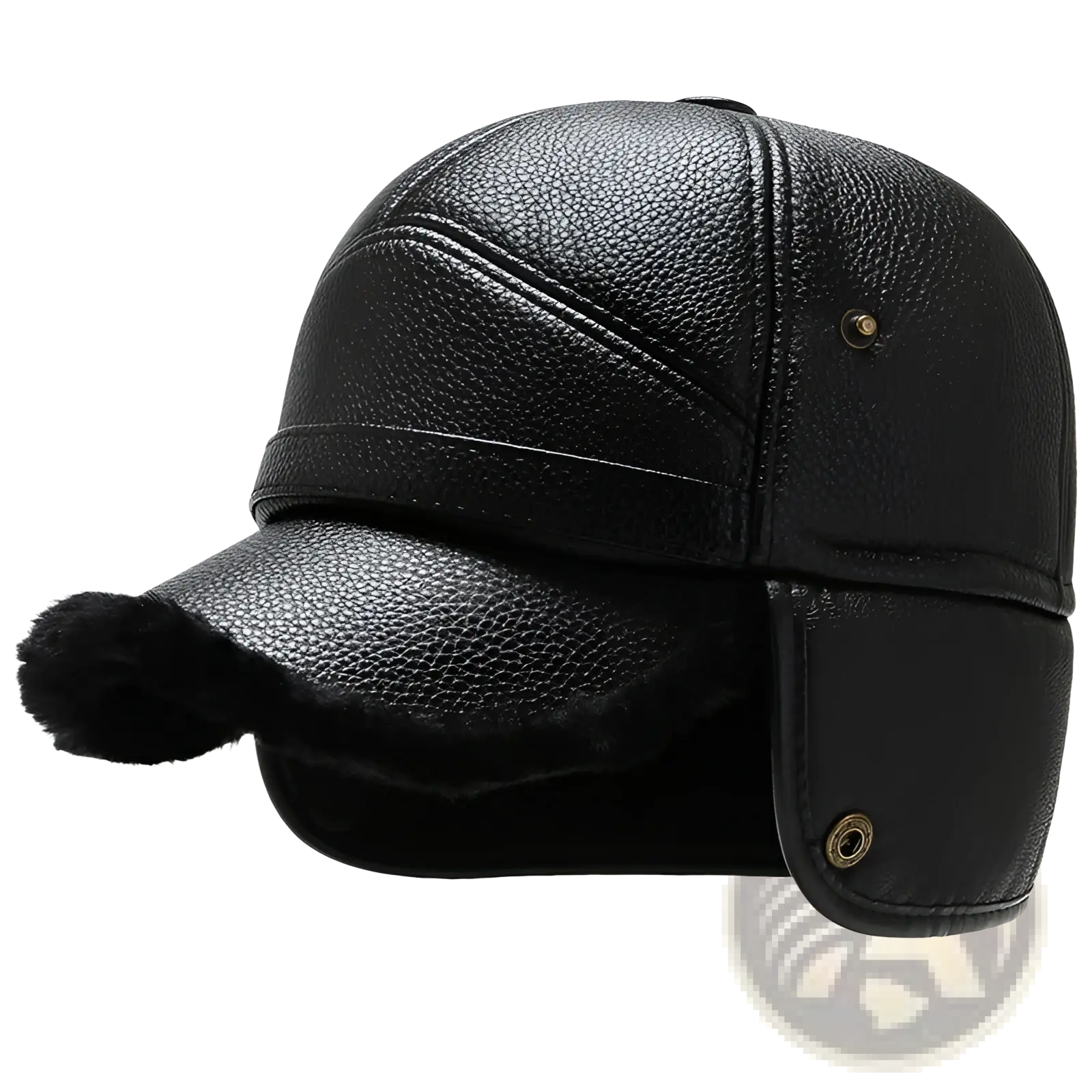 Men leather winter baseball cap in black with fur-lined brim and ear flaps designed for cold weather