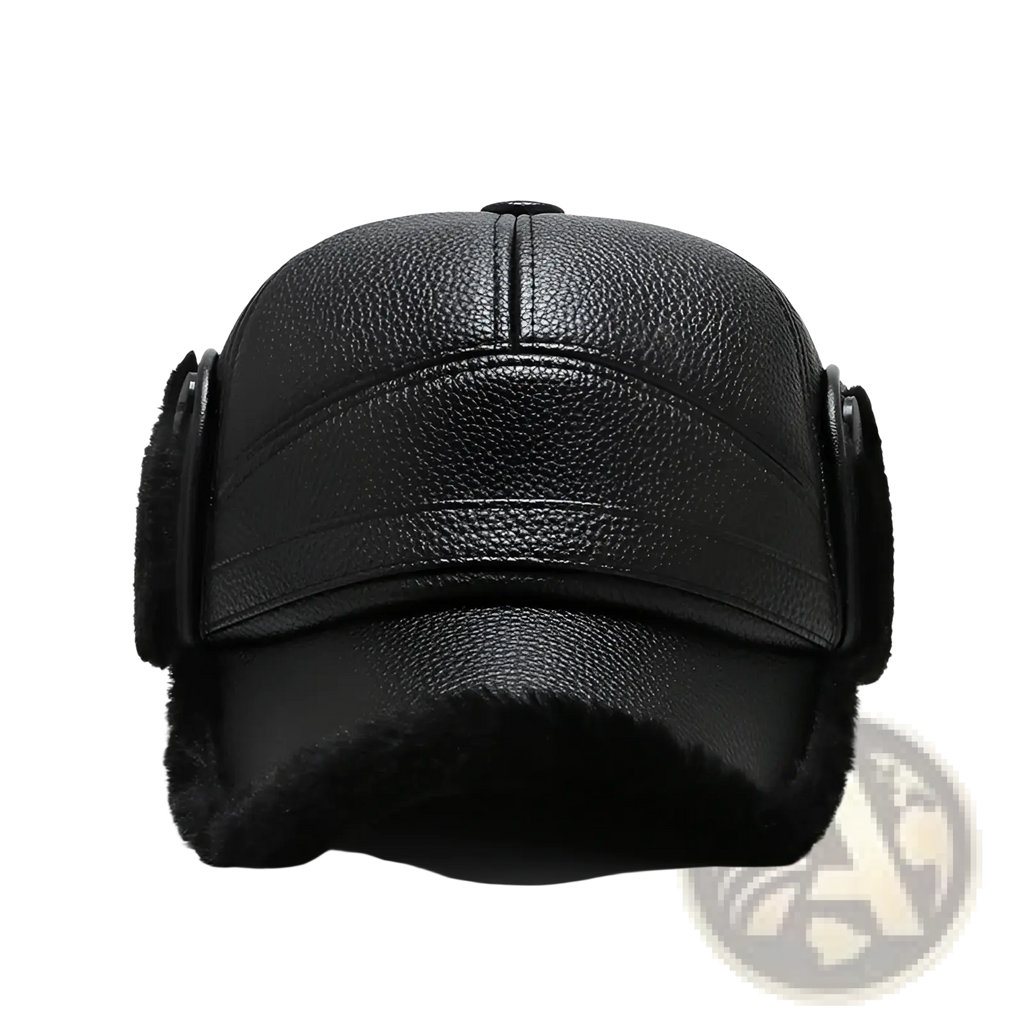 Men leather winter baseball cap in black with plush fur trim and ear flaps for cold weather protection
