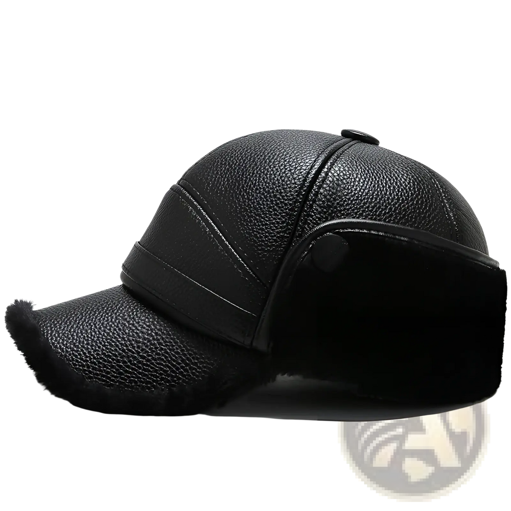 Men leather winter baseball cap in black with plush fur trim on the brim and ear flaps for warmth