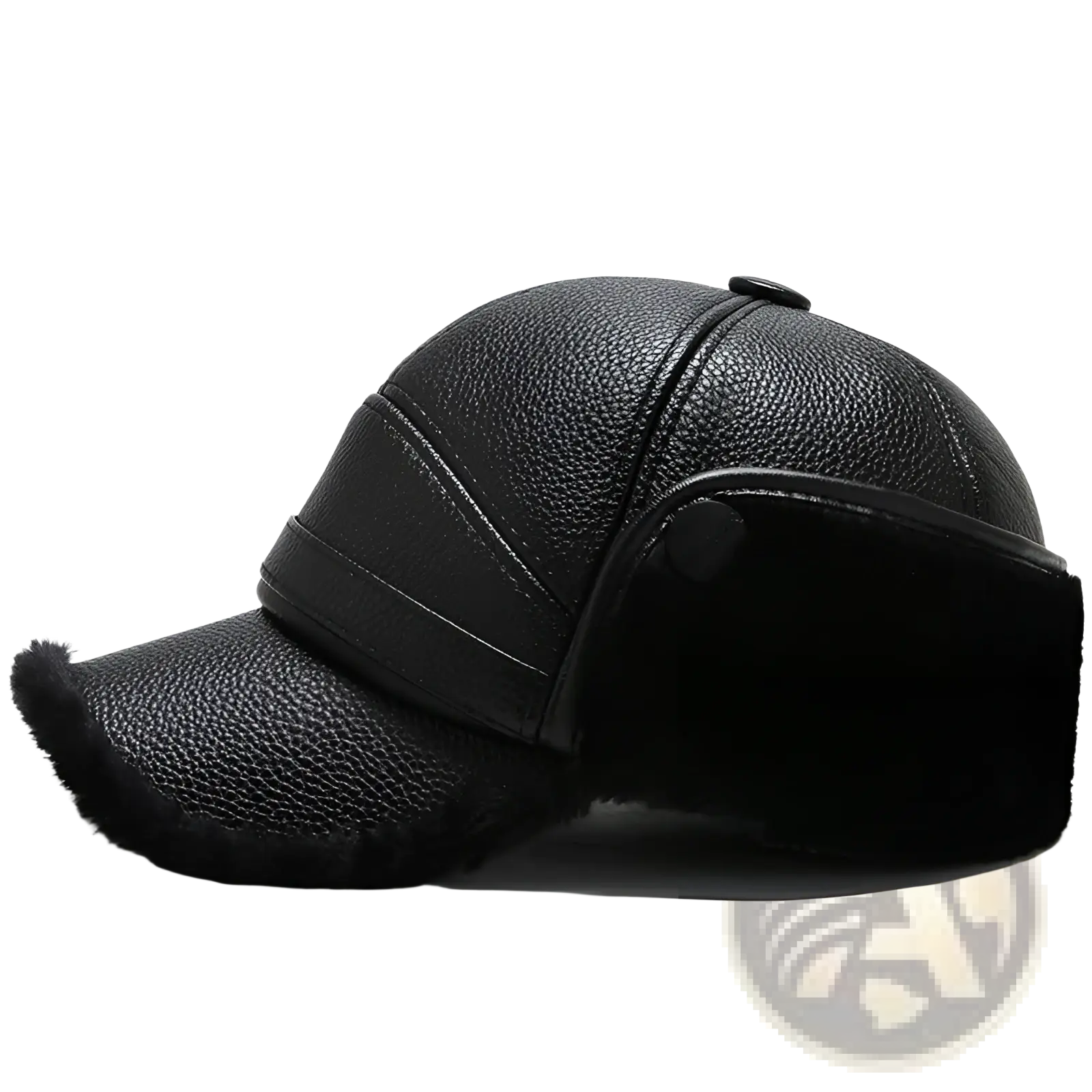 Men leather winter baseball cap in black with plush fur trim on the brim and ear flaps for warmth