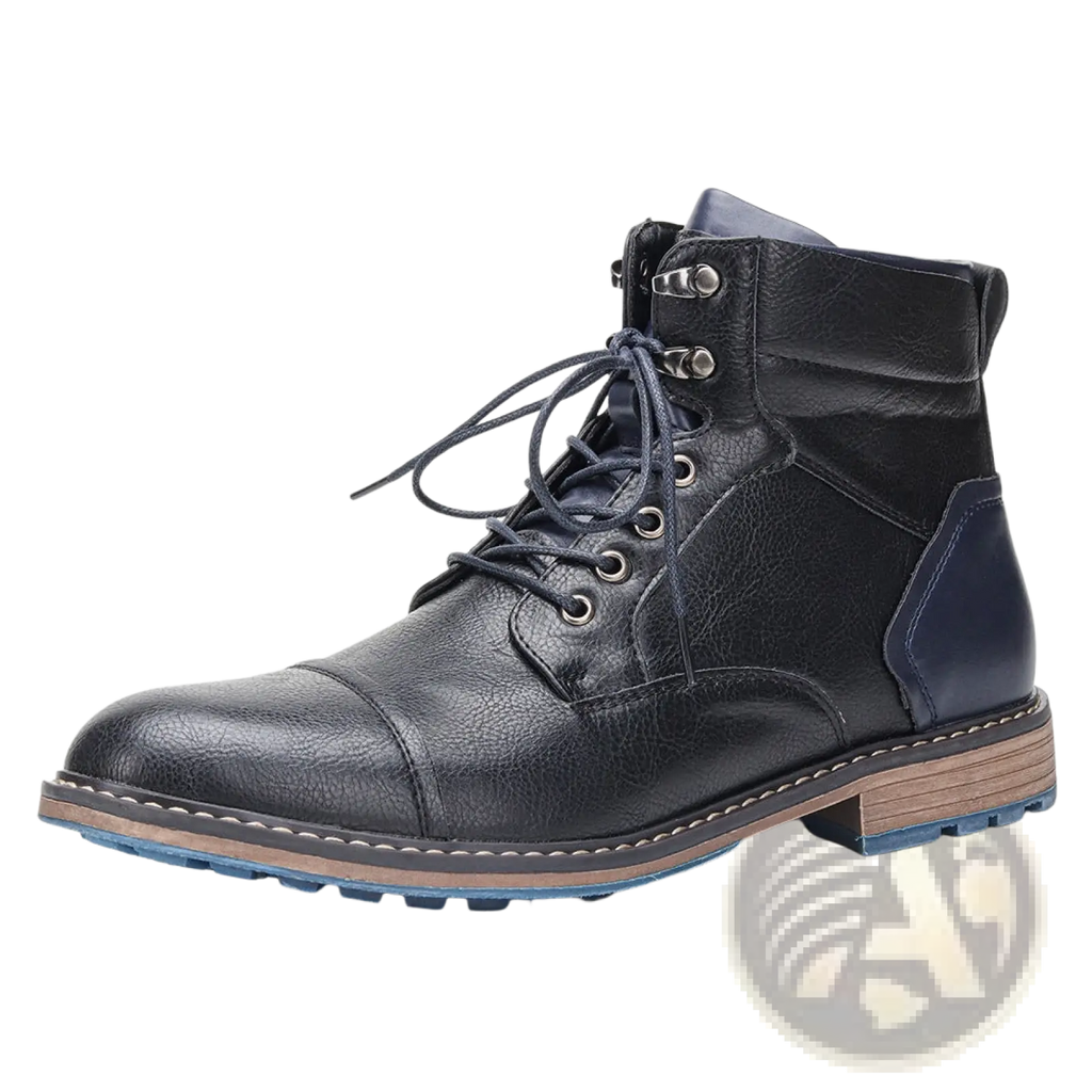 Men leather winter boots feature black leather with navy blue accents and a contrasting tan sole for style and warmth