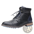 Men leather winter boots feature black leather with navy blue accents and a contrasting tan sole for style and warmth