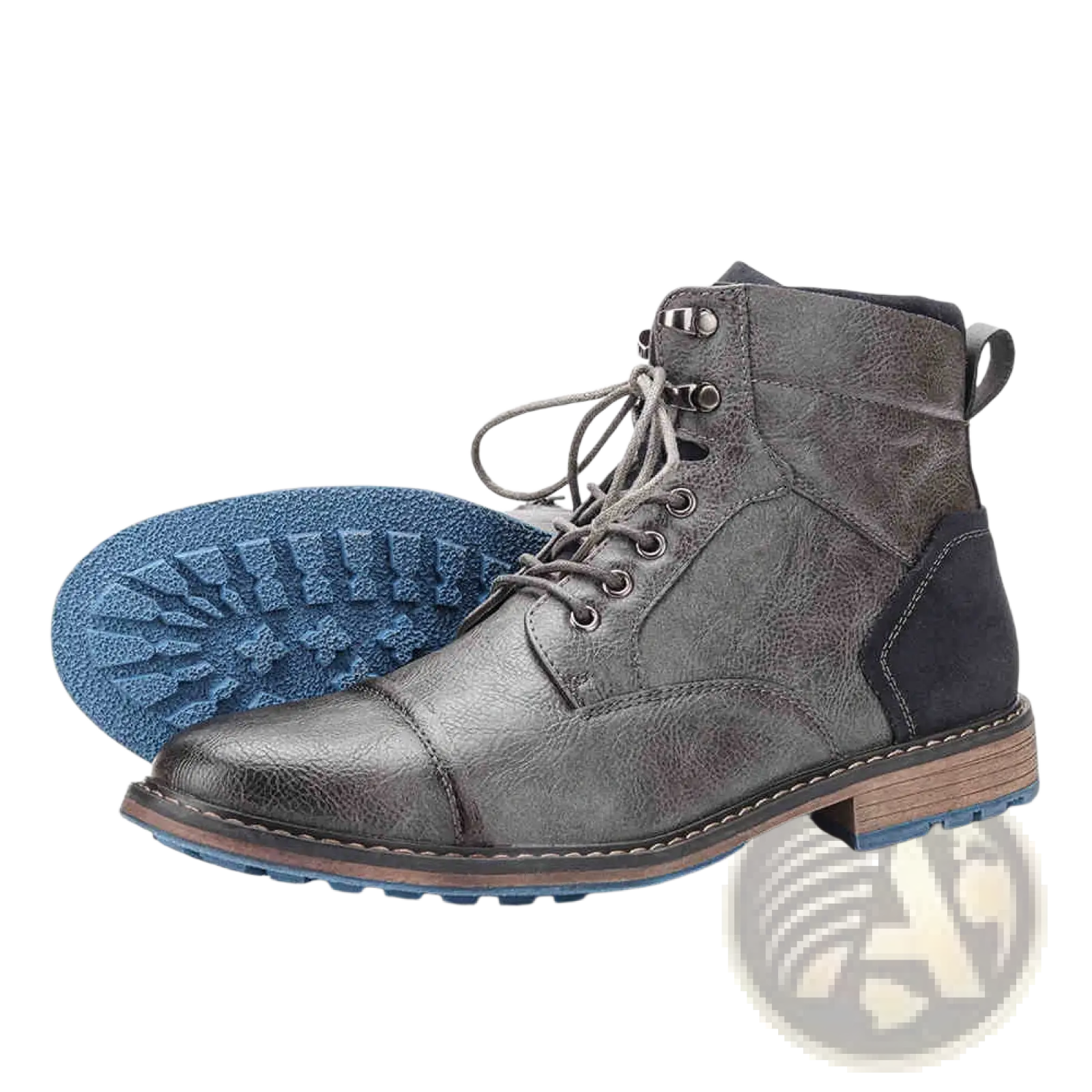Men leather winter boots in dark gray distressed leather with black side panel and blue rubber sole