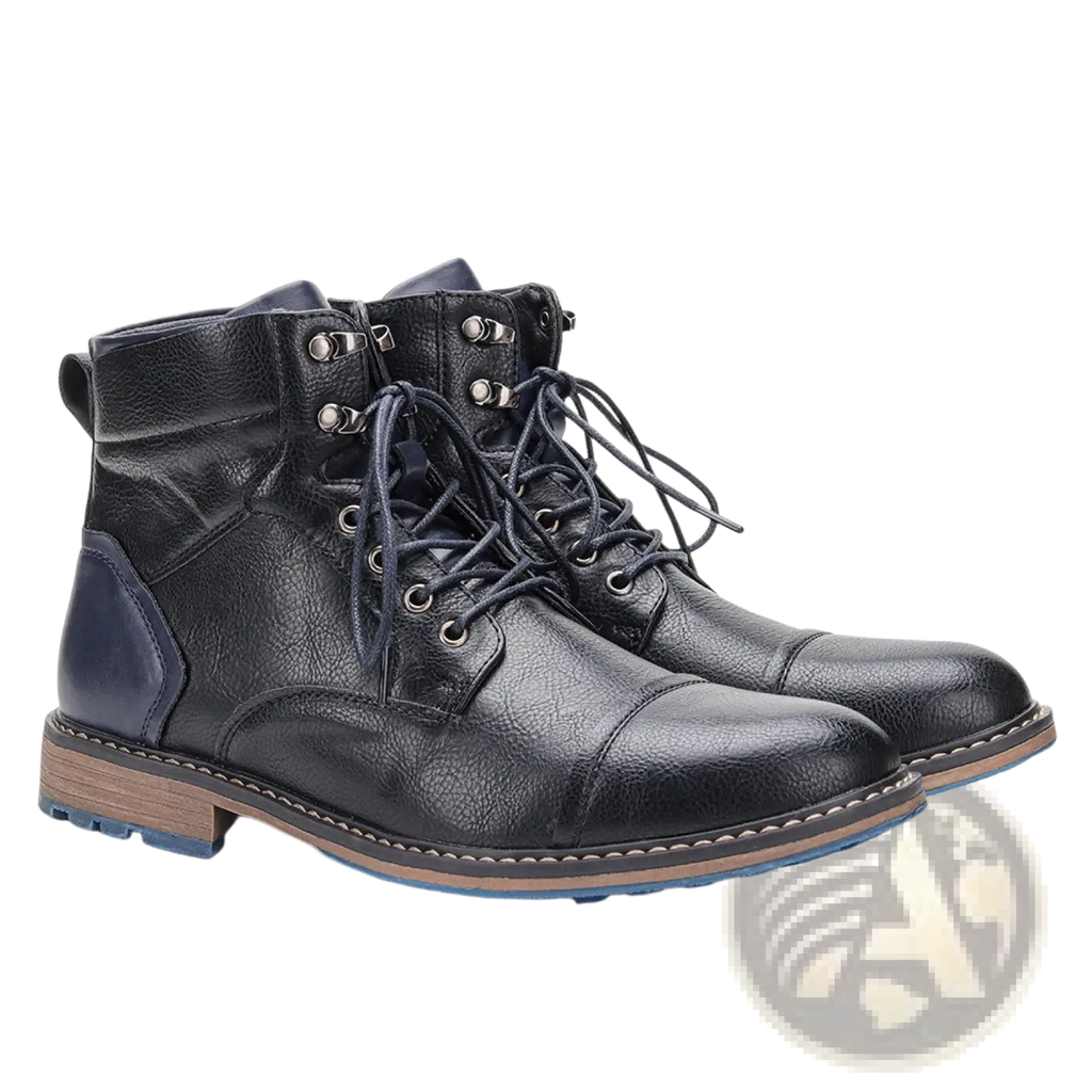 Men leather winter boots shown from the back with black leather and navy blue accents on heel and sole