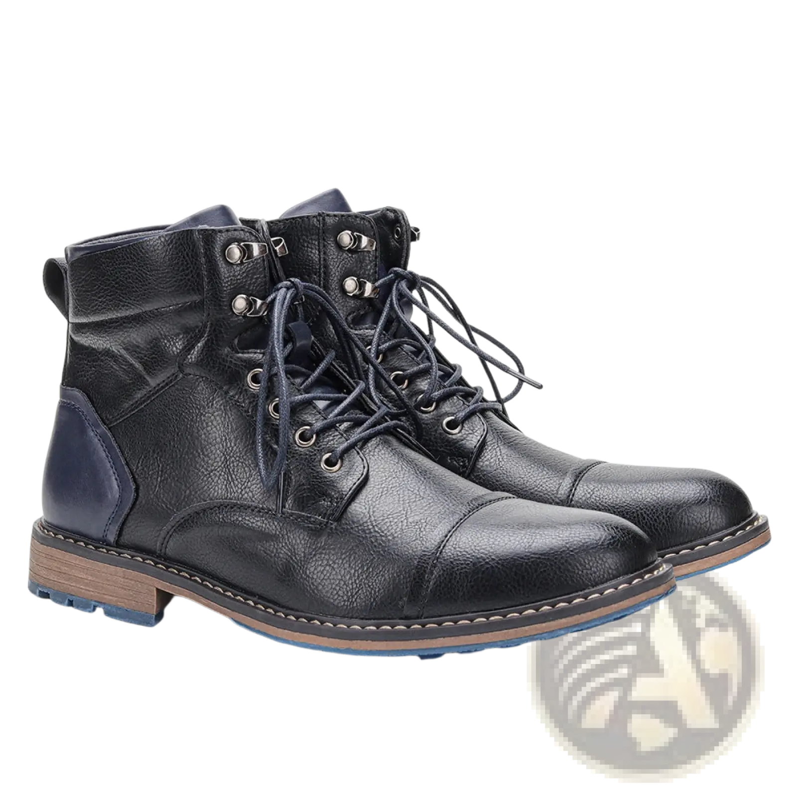 Men leather winter boots shown from the back with black leather and navy blue accents on heel and sole