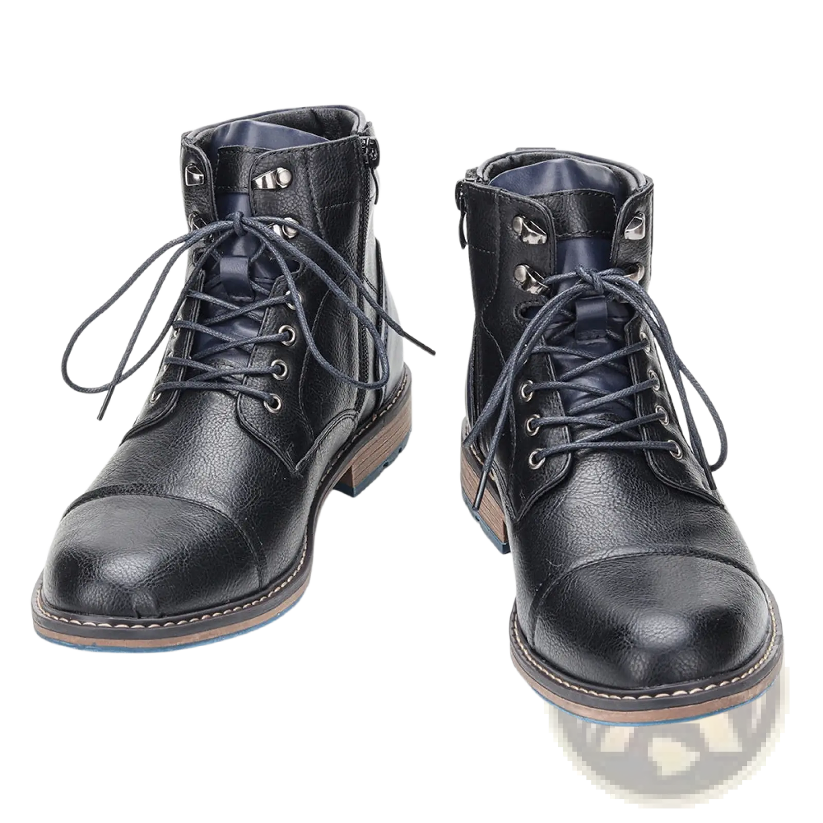 Men leather winter boots in black with navy accents featuring lace-up design cap toe and contrasting stitching