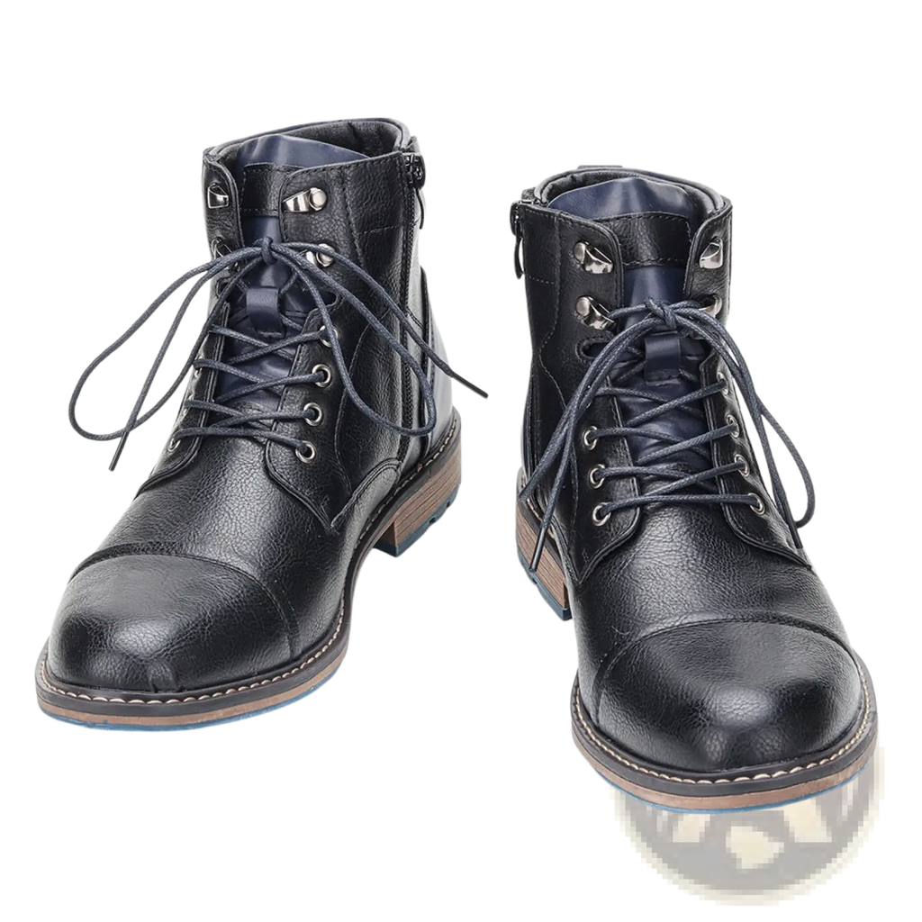 Men leather winter boots with black leather cap toe lace-up design and contrasting navy stitching accents