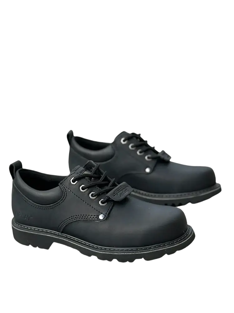 Men leather work boots in black with sturdy soles and silver eyelets designed for casual waterproof use