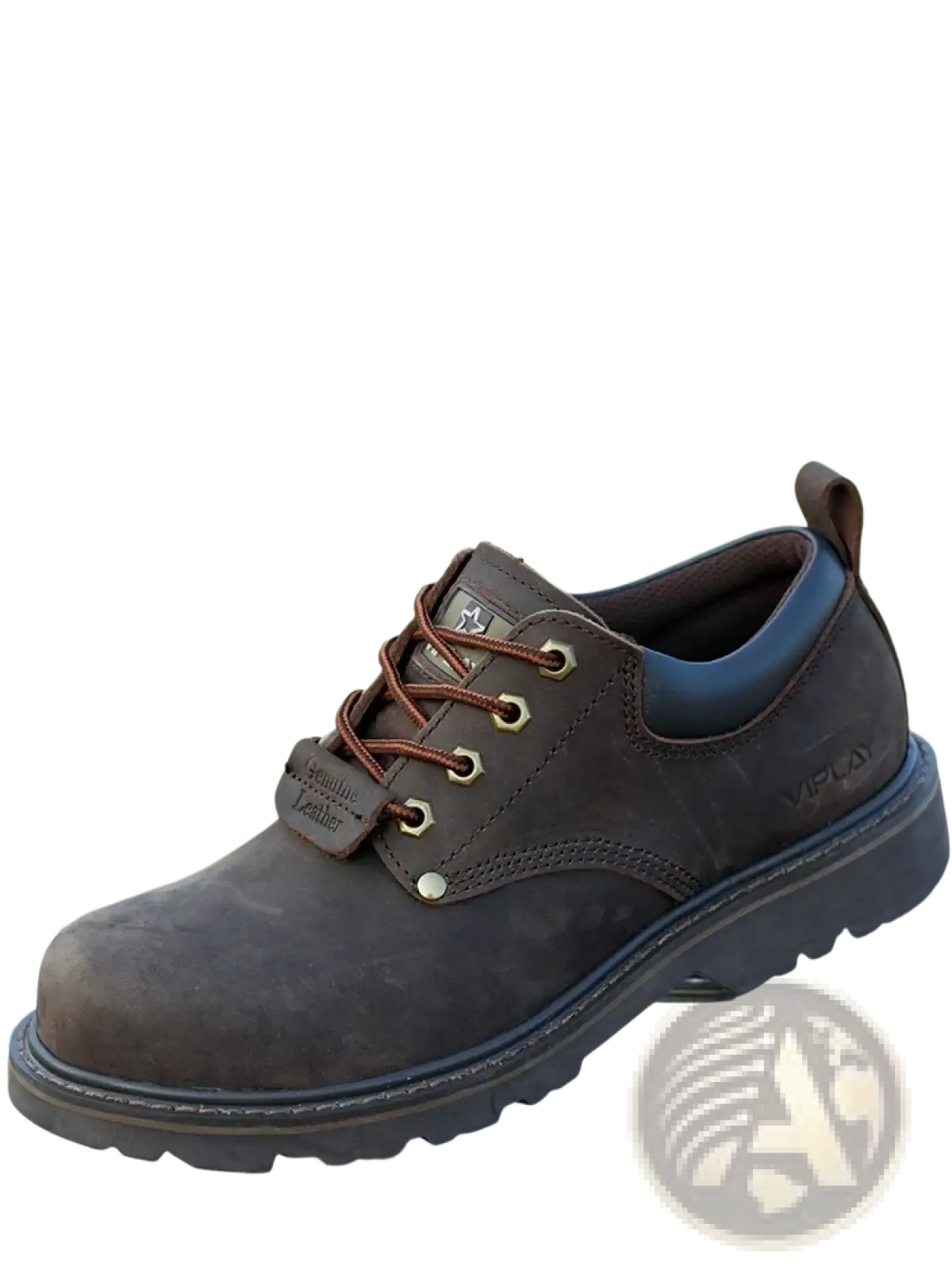 Dark brown suede men leather work boot with tan laces and rugged rubber sole for casual waterproof use