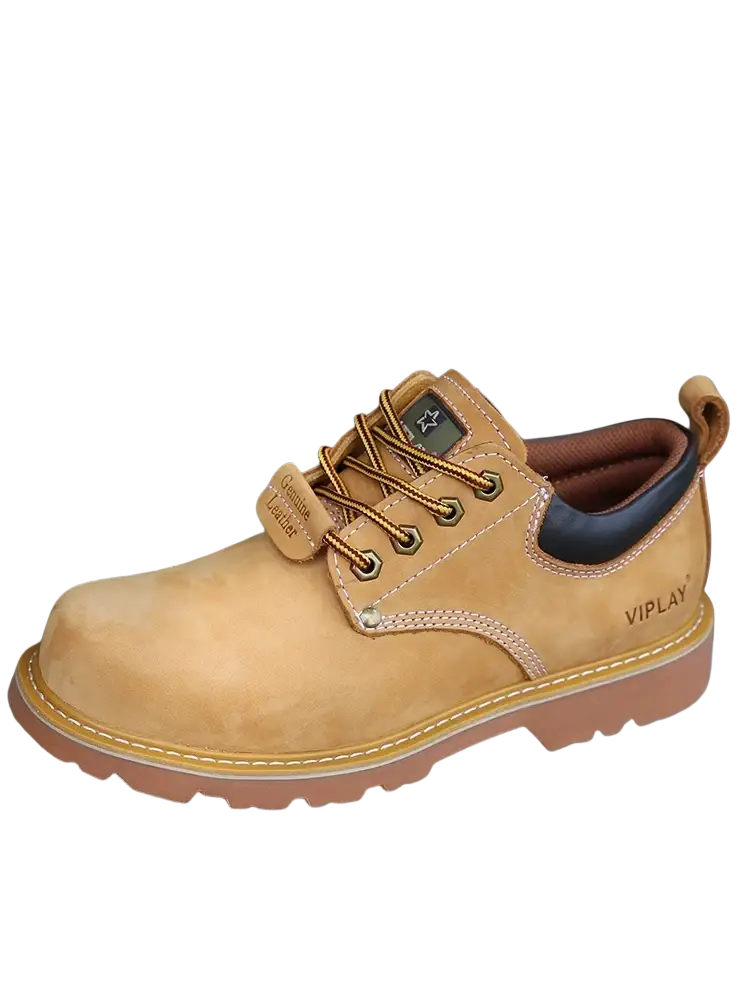 Tan leather men work boot with brown laces black padded collar and viplay brand name for casual waterproof use