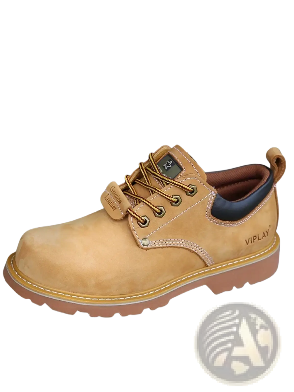 Tan leather men work boot with brown laces black padded collar and viplay brand name for casual waterproof use