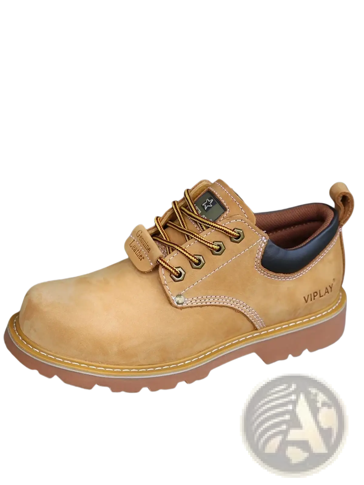 Tan leather men work boot with brown laces black padded collar and viplay brand name for casual waterproof use