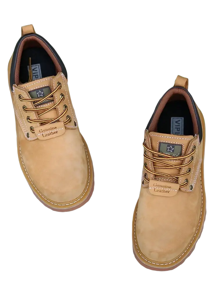 Tan suede men leather work boots with brown leather accents and gold toned laces designed for casual waterproof use