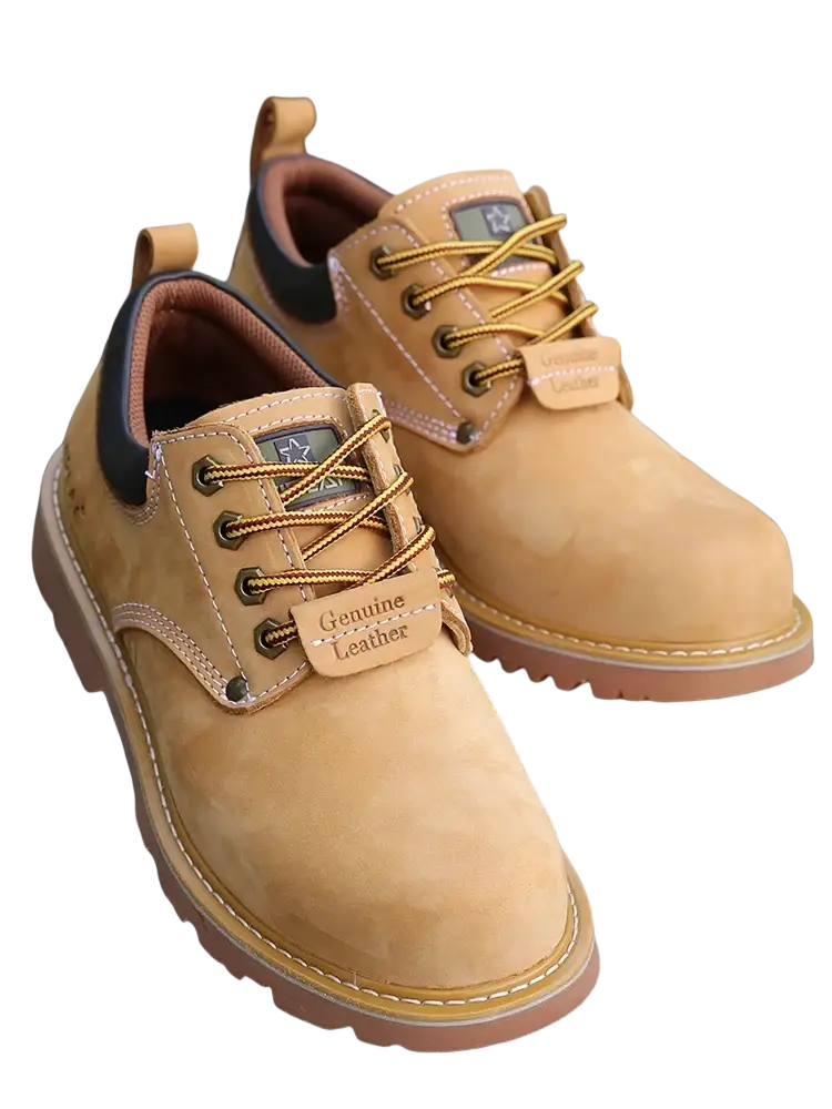 Tan suede men leather work boots with brown leather accents and gold-toned laces for casual waterproof use