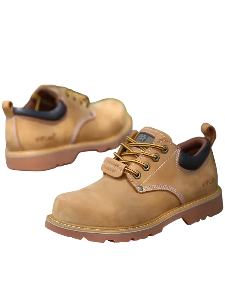 Tan suede men leather work boots with brown laces and rugged rubber sole casual waterproof footwear