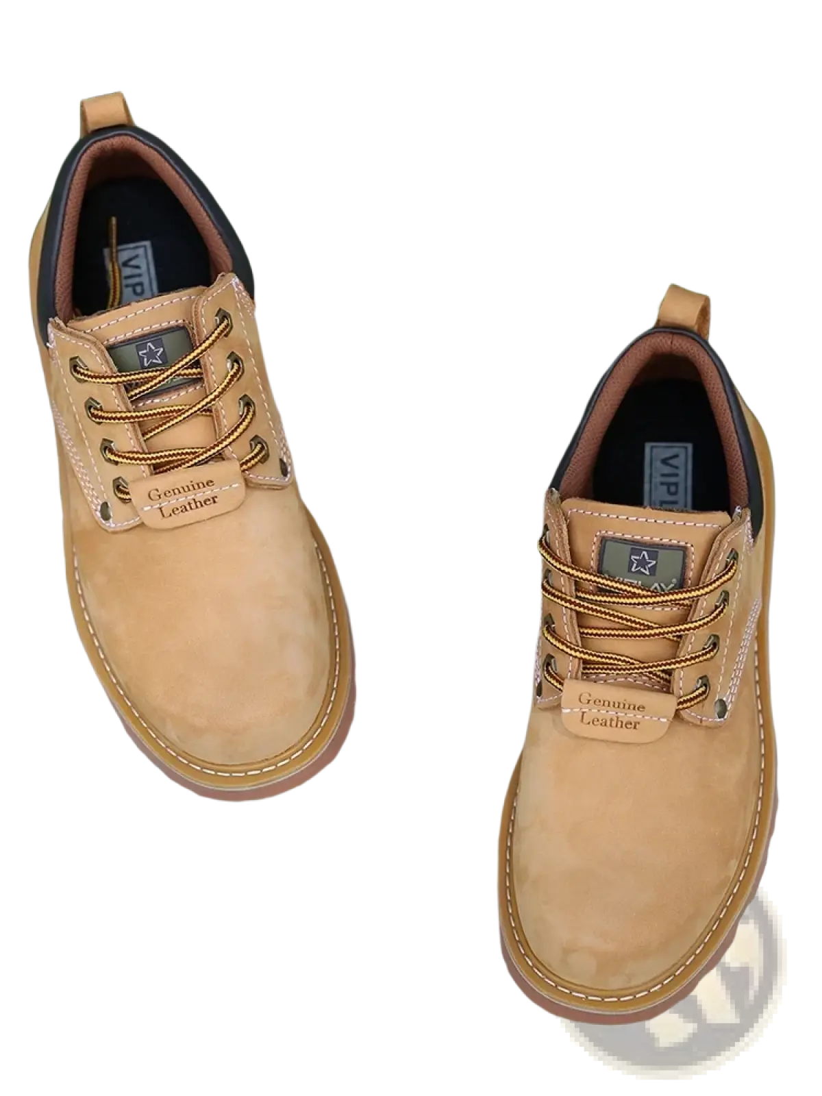 Tan suede men leather work boots with brown leather accents and gold toned laces designed for casual waterproof use