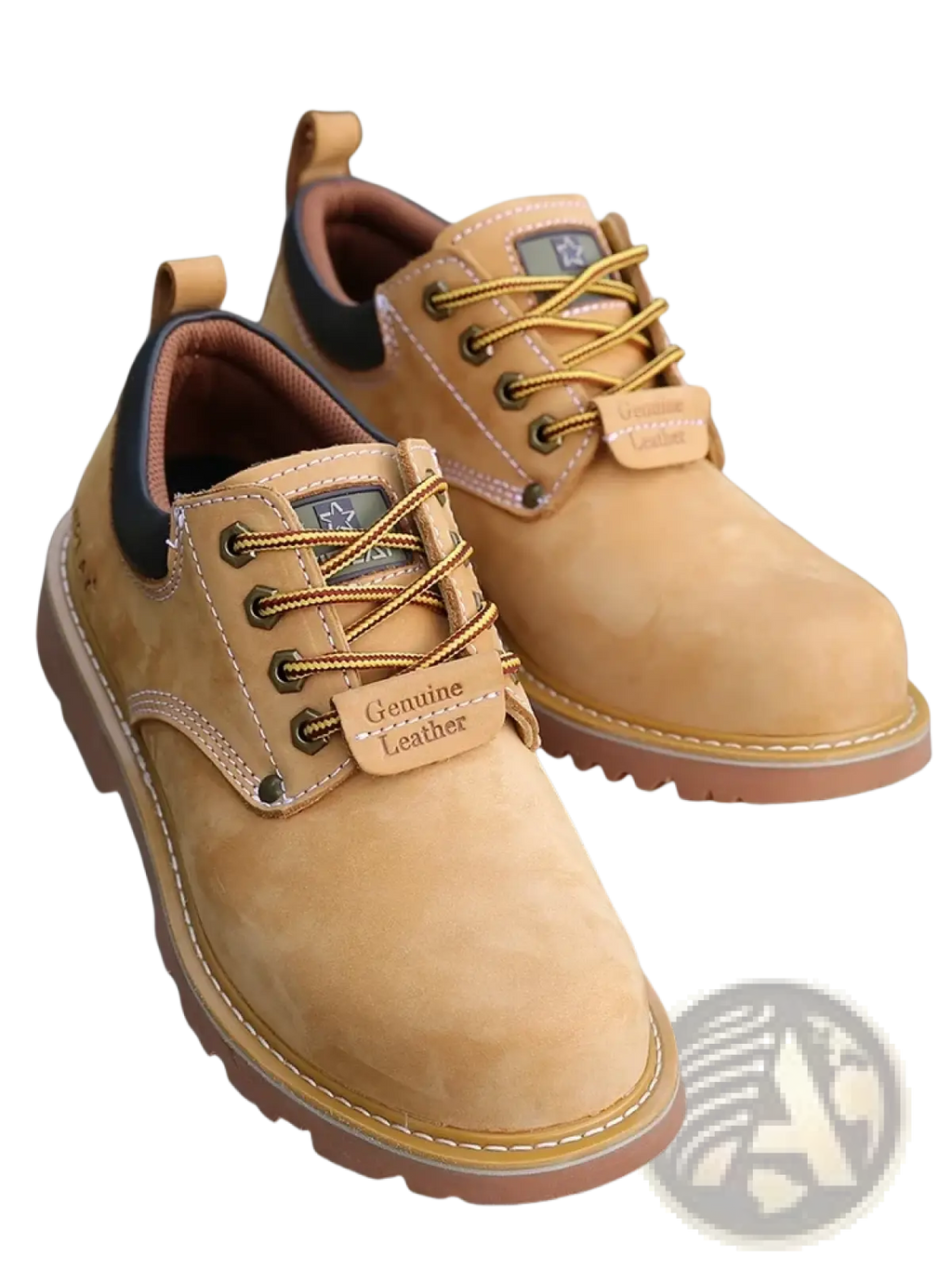Tan suede men leather work boots with brown leather accents and gold-toned laces for casual waterproof use