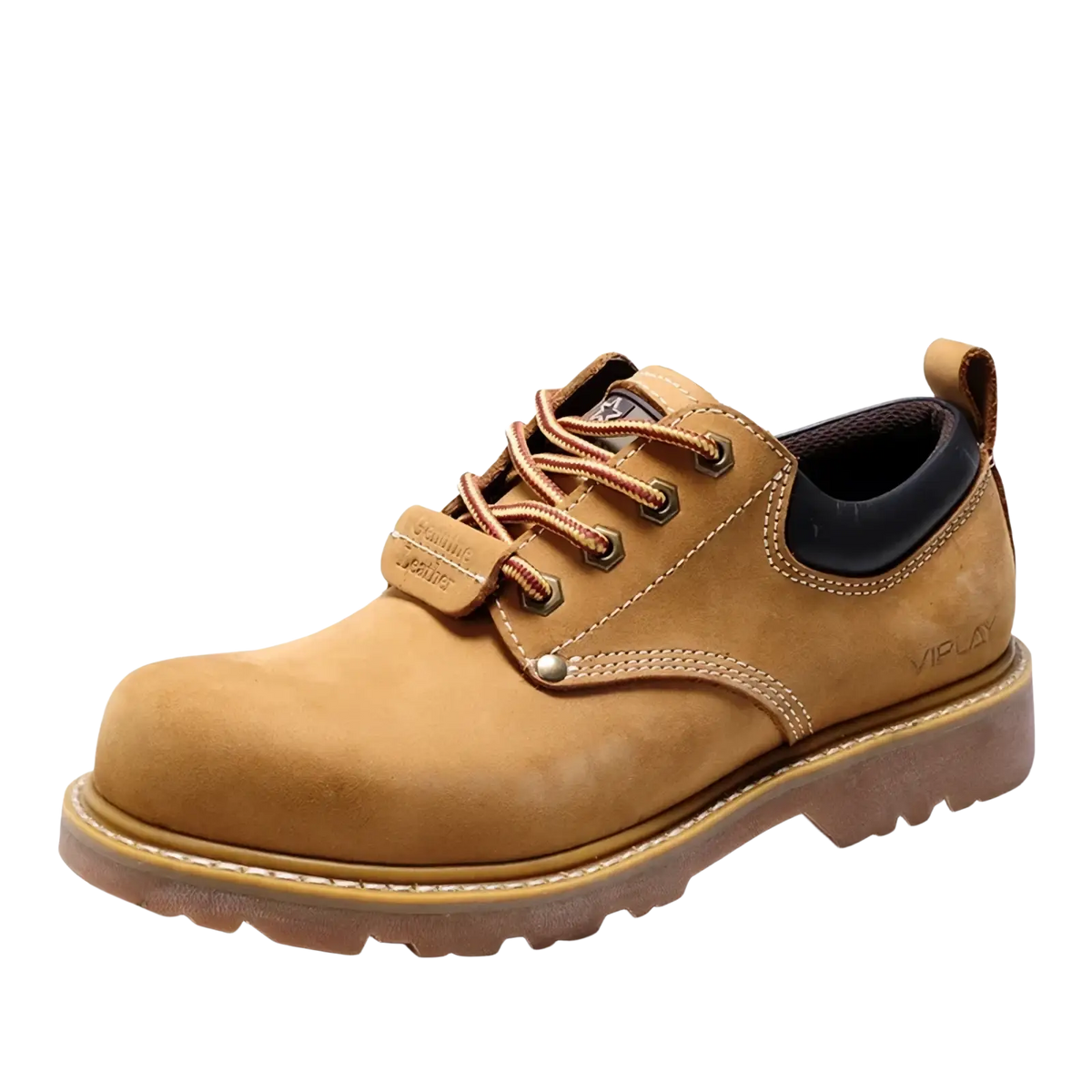 Tan suede viplay men leather work boot with brown laces and rugged rubber sole designed for casual waterproof use