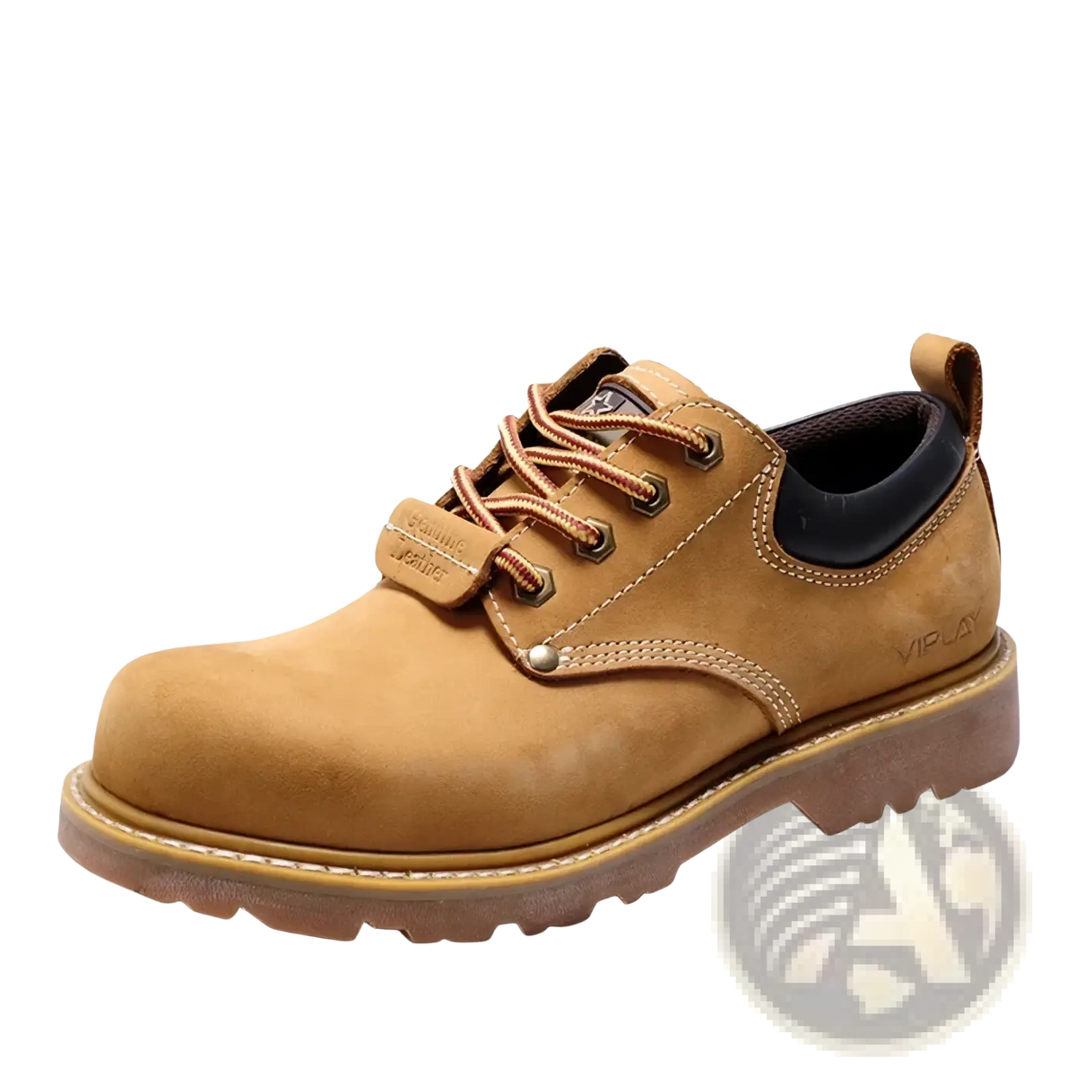 Tan suede viplay men leather work boot with brown laces and rugged rubber sole designed for casual waterproof use