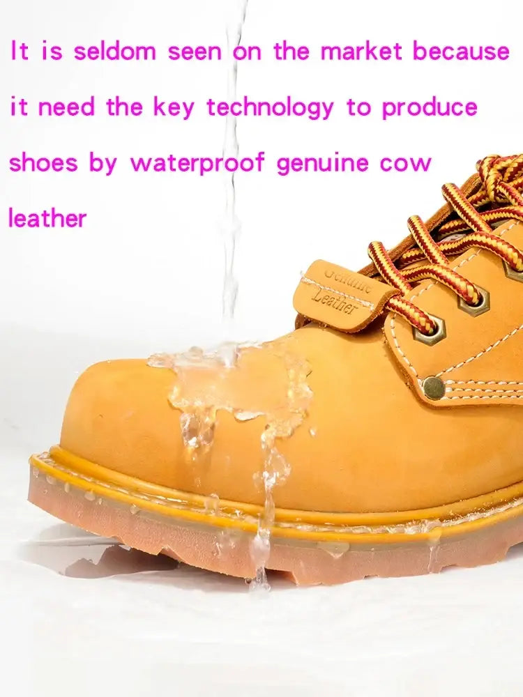 Men leather work boots casual waterproof footwear in yellow genuine cow leather with gold-toned laces and metal eyelets