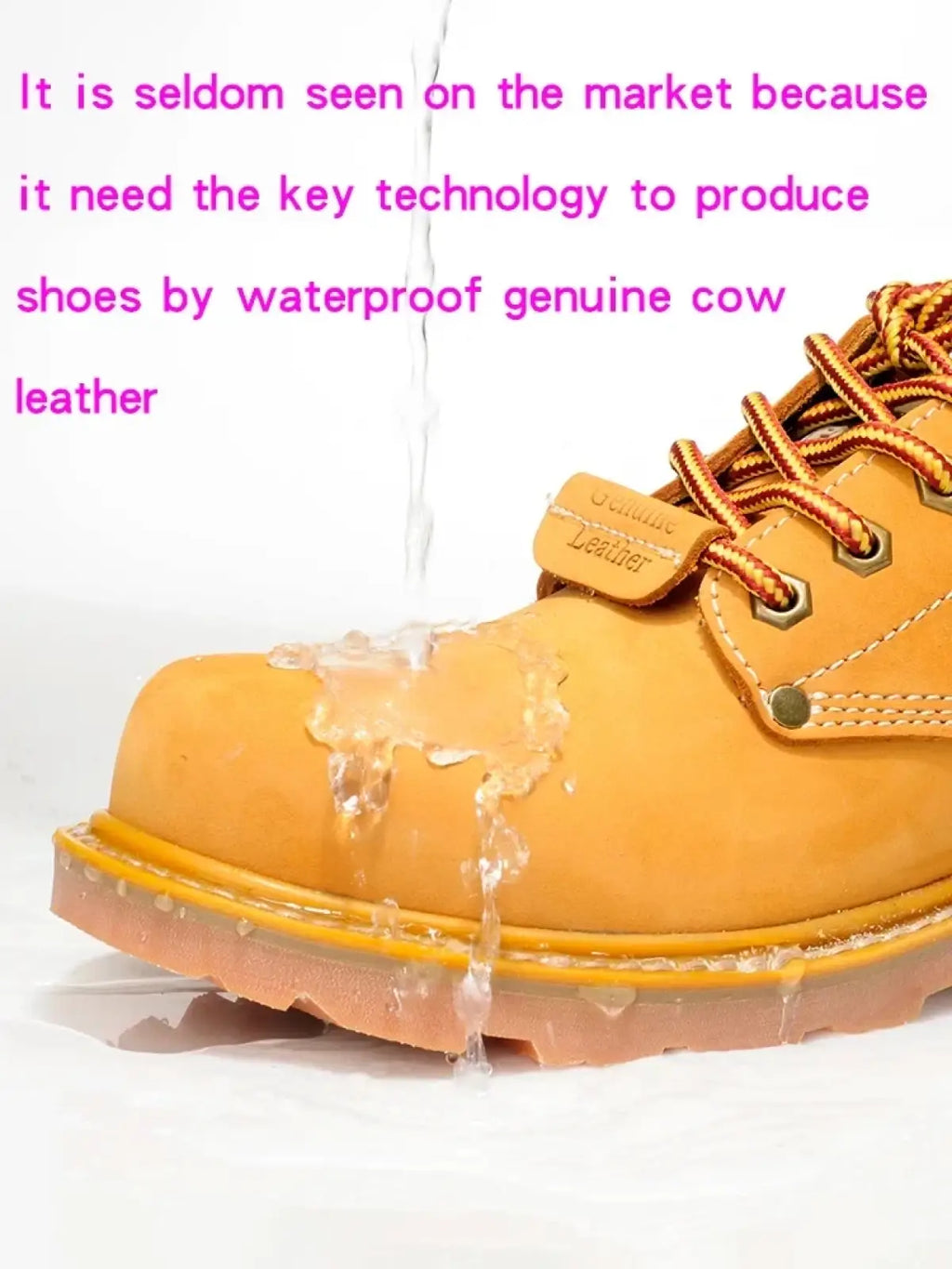 Men leather work boots casual waterproof footwear in yellow genuine cow leather with gold-toned laces and metal eyelets