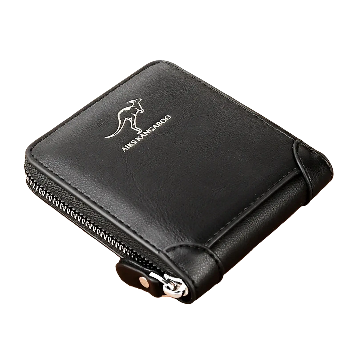 Black leather men zipper wallet with rfid protection featuring a silver kangaroo logo and aiks kangaroo branding