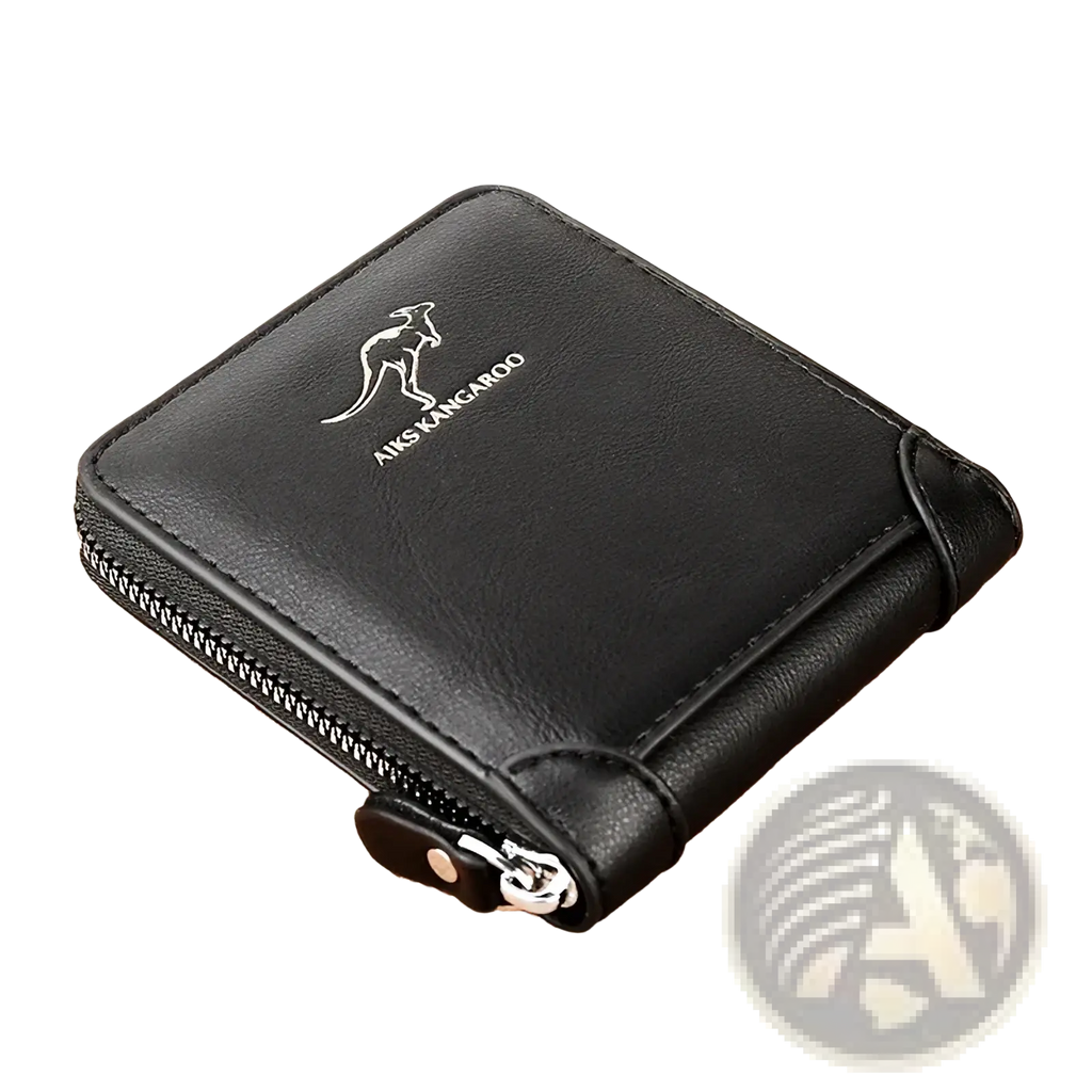 Black leather men zipper wallet with rfid protection featuring a silver kangaroo logo and aiks kangaroo branding