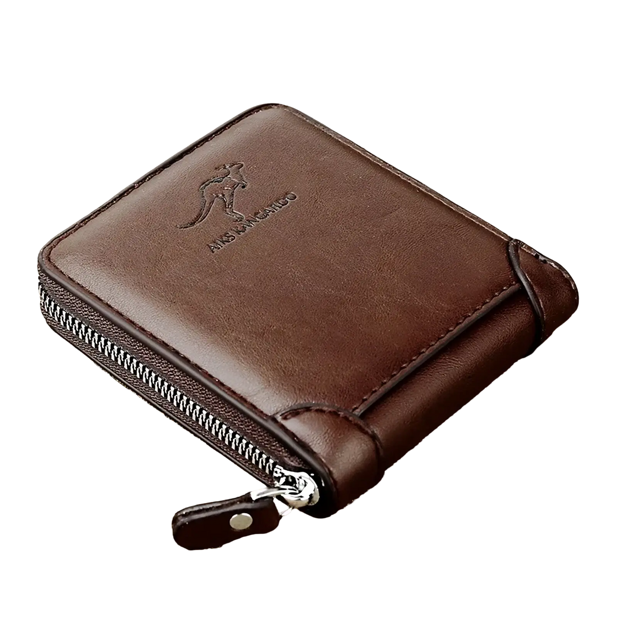 Brown leather men zipper wallet with stitched kangaroo logo silver zipper pull and rfid protection features