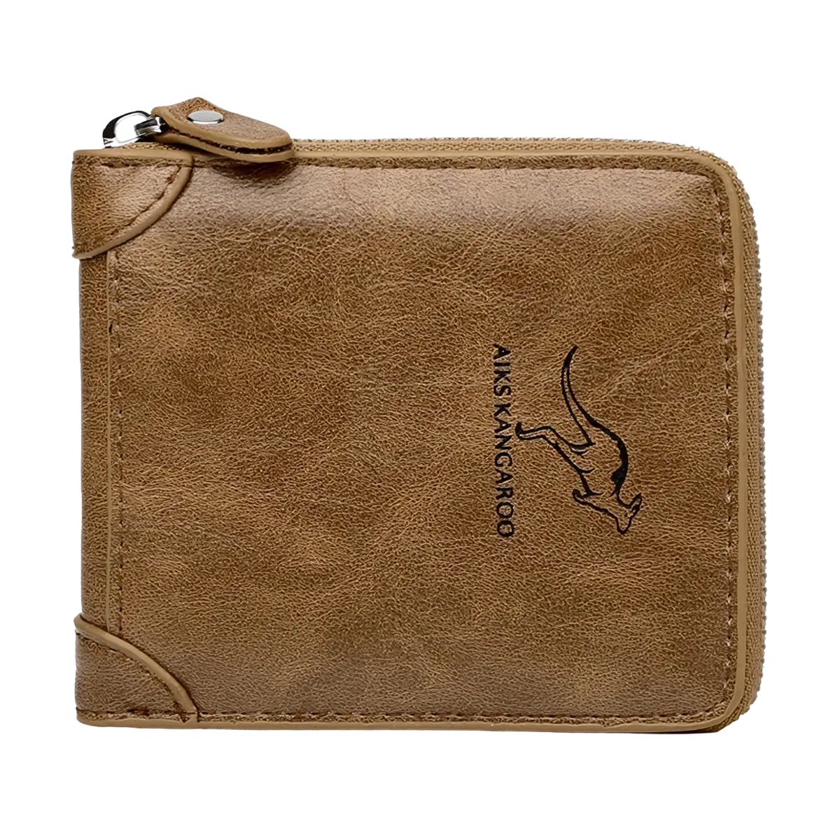 Men leather zipper wallet in brown with rfid protection featuring a subtle kangaroo logo and ais kangaroo branding