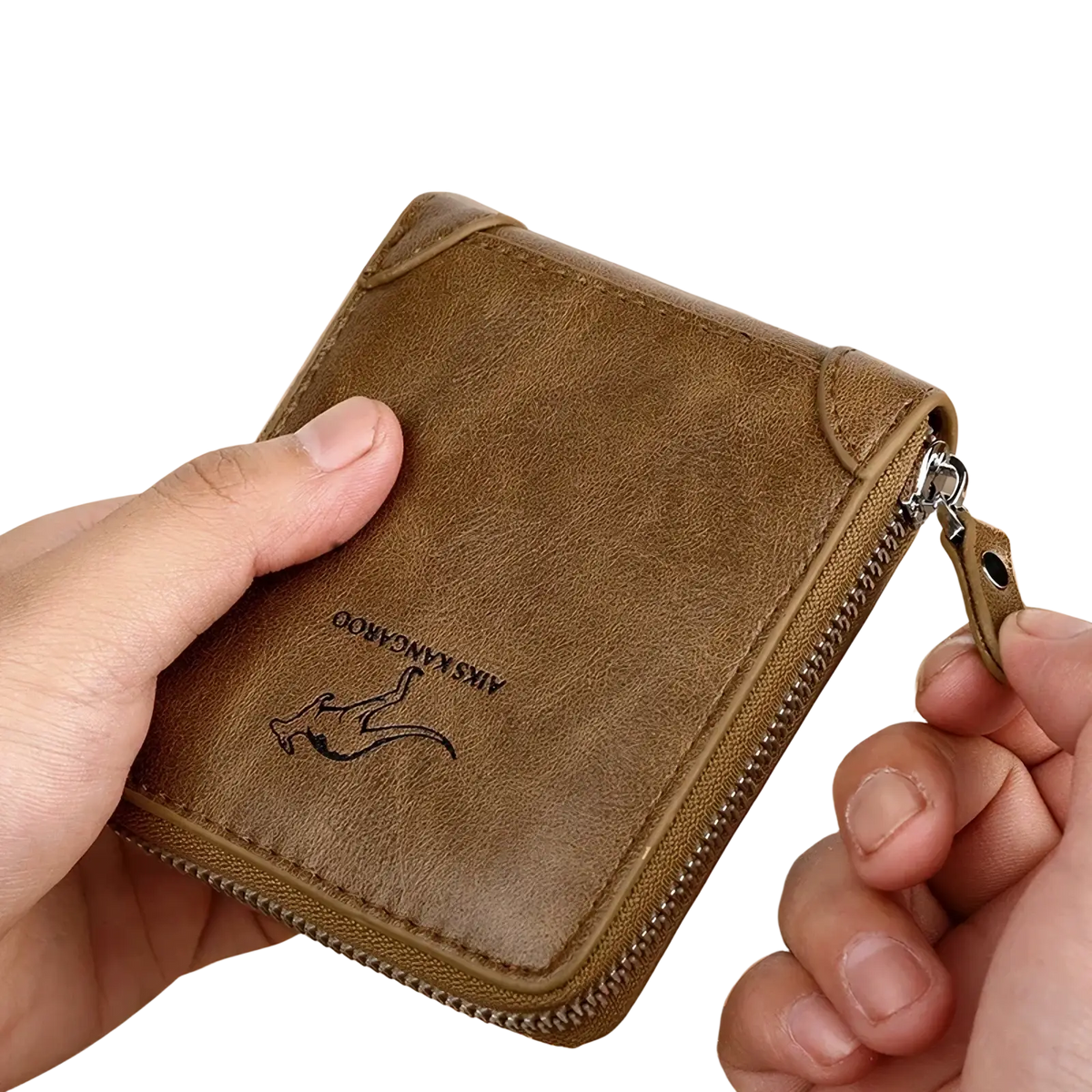 Men leather zipper wallet in brown with rfid protection and embossed kangaroo logo on the front side