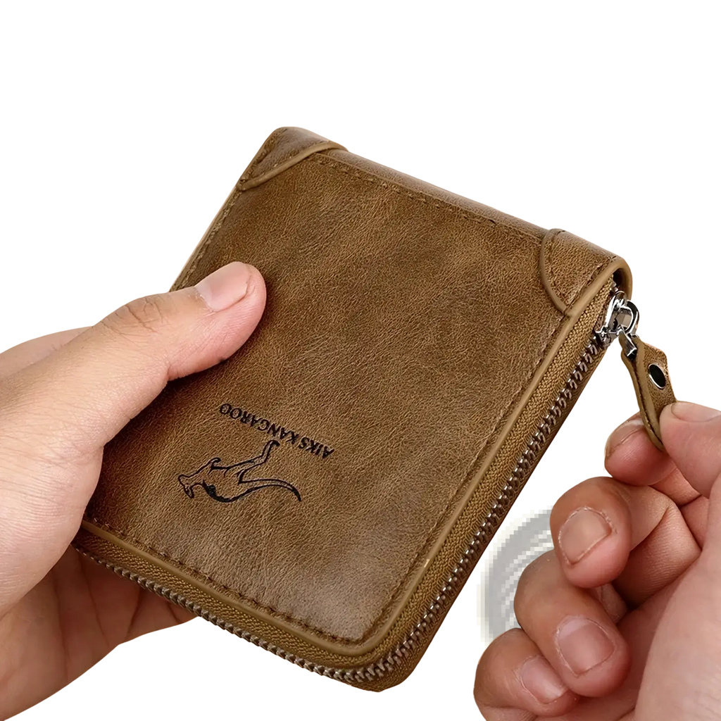 Men leather zipper wallet in brown with rfid protection and embossed kangaroo logo on the front side