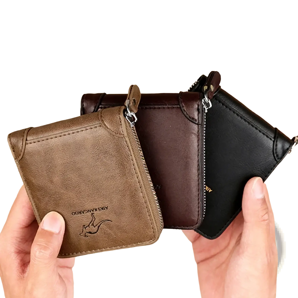 Men leather zipper wallet in brown with kangaroo logo and rfid protection shown from the back side