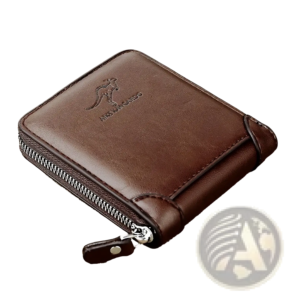 Men leather zipper wallet with rfid protection in brown leather featuring a stitched kangaroo logo and silver zipper pull