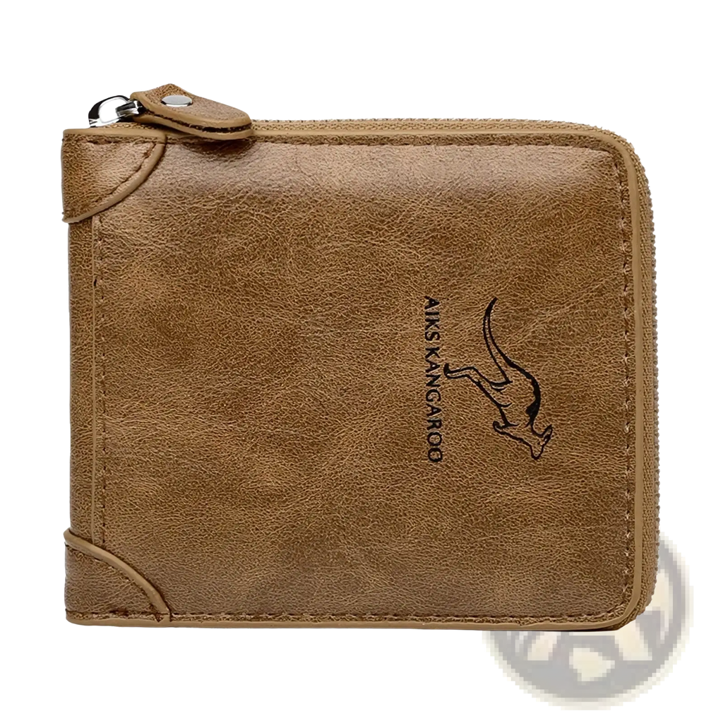 Men leather zipper wallet in brown with rfid protection featuring a subtle kangaroo logo and ais kangaroo branding