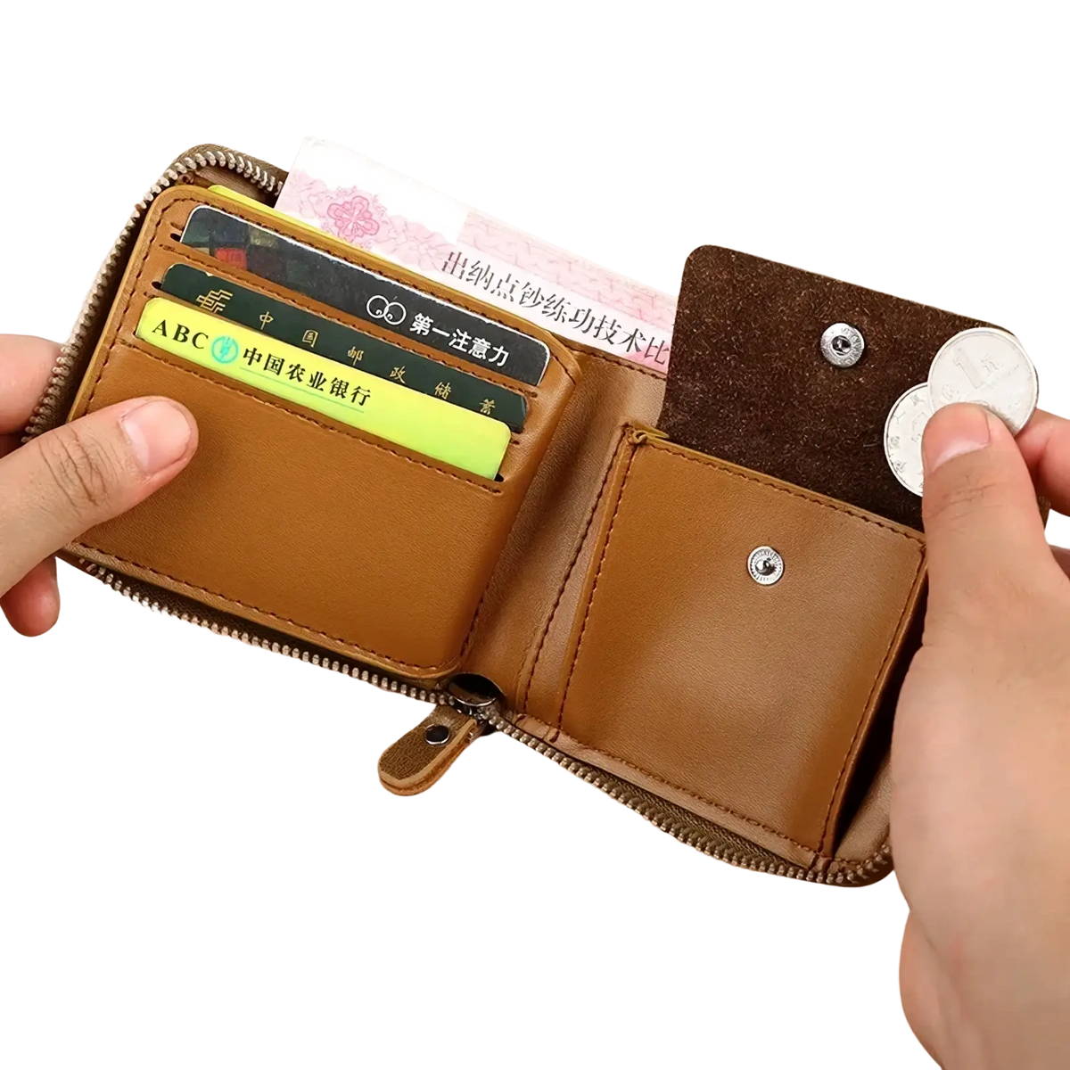 Men leather zipper wallet with rfid protection tan leather exterior and brown suede interior pocket with multiple card slots