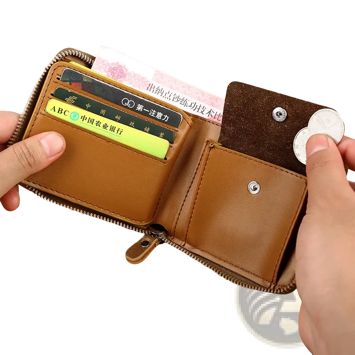 Men leather zipper wallet with rfid protection tan leather exterior and brown suede interior pocket with multiple card slots