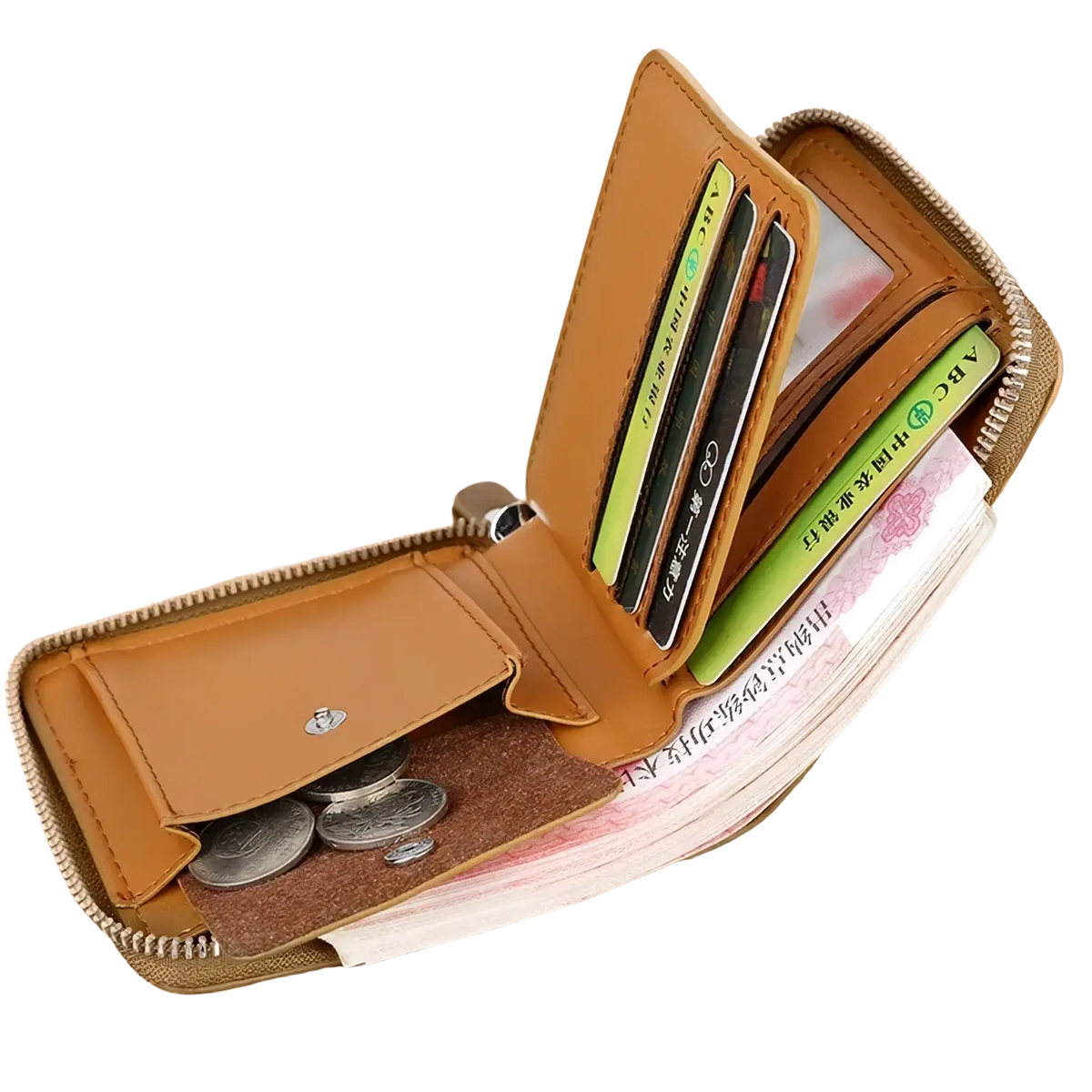 Men leather zipper wallet in tan with rfid protection multiple card slots and a coin compartment