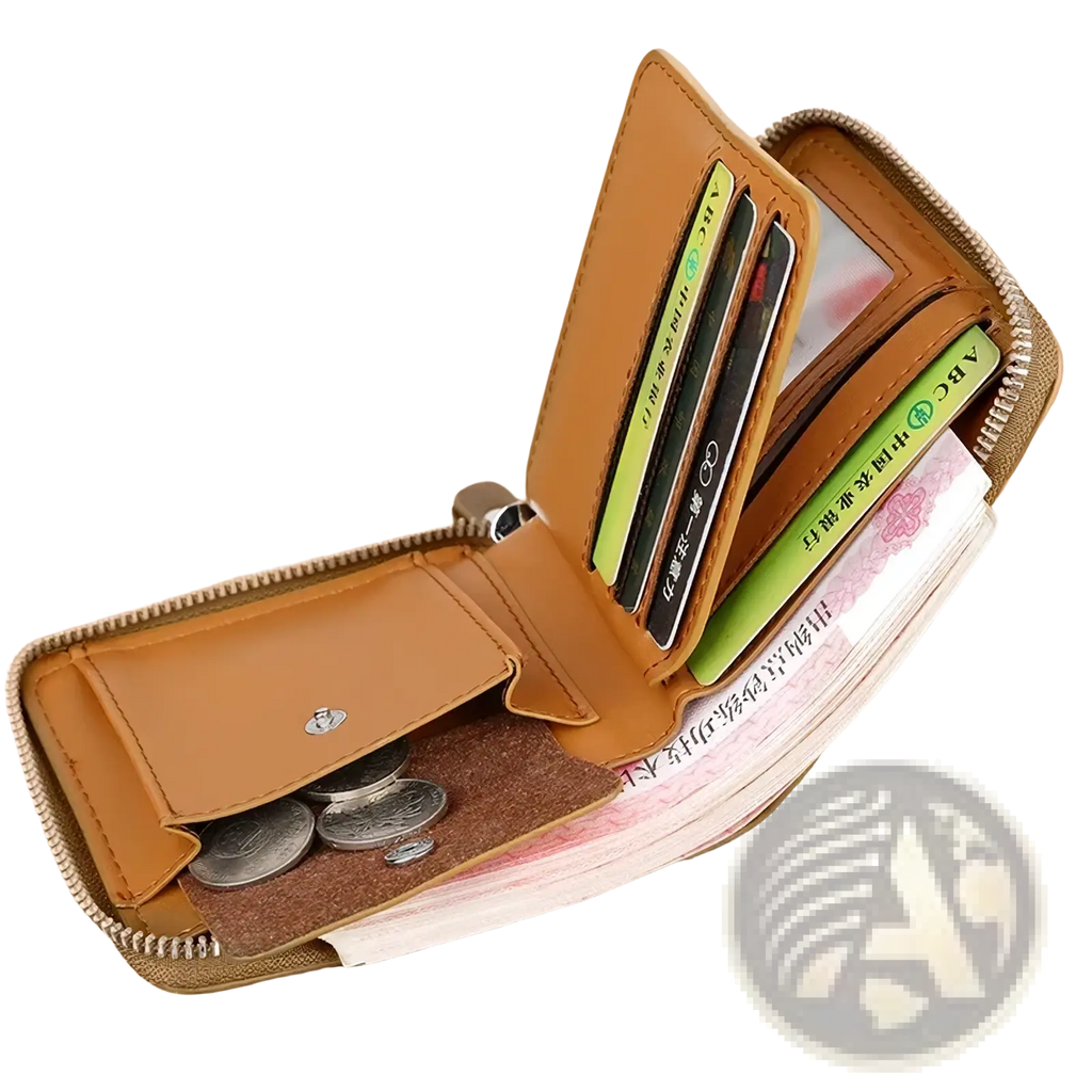 Men leather zipper wallet in tan with rfid protection multiple card slots and a coin compartment