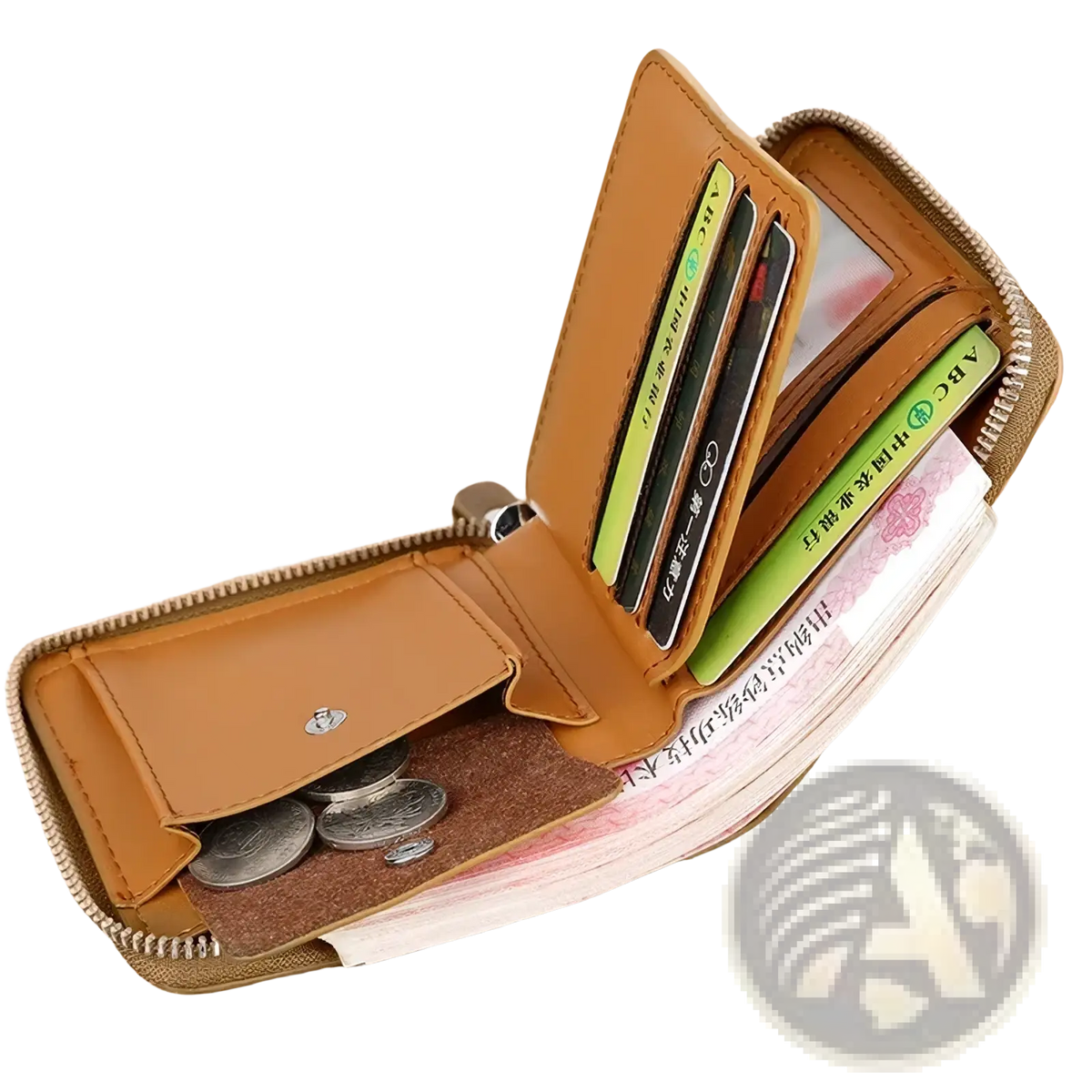 Men leather zipper wallet in tan with rfid protection multiple card slots and a coin compartment