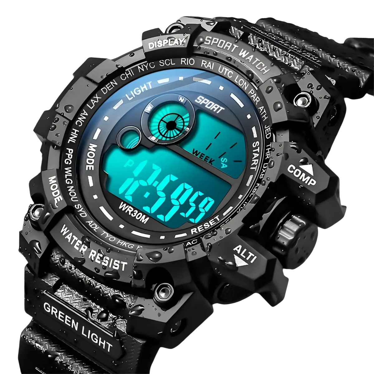 Men led digital sport watch black with teal lcd screen and rugged textured waterproof casing for outdoor use