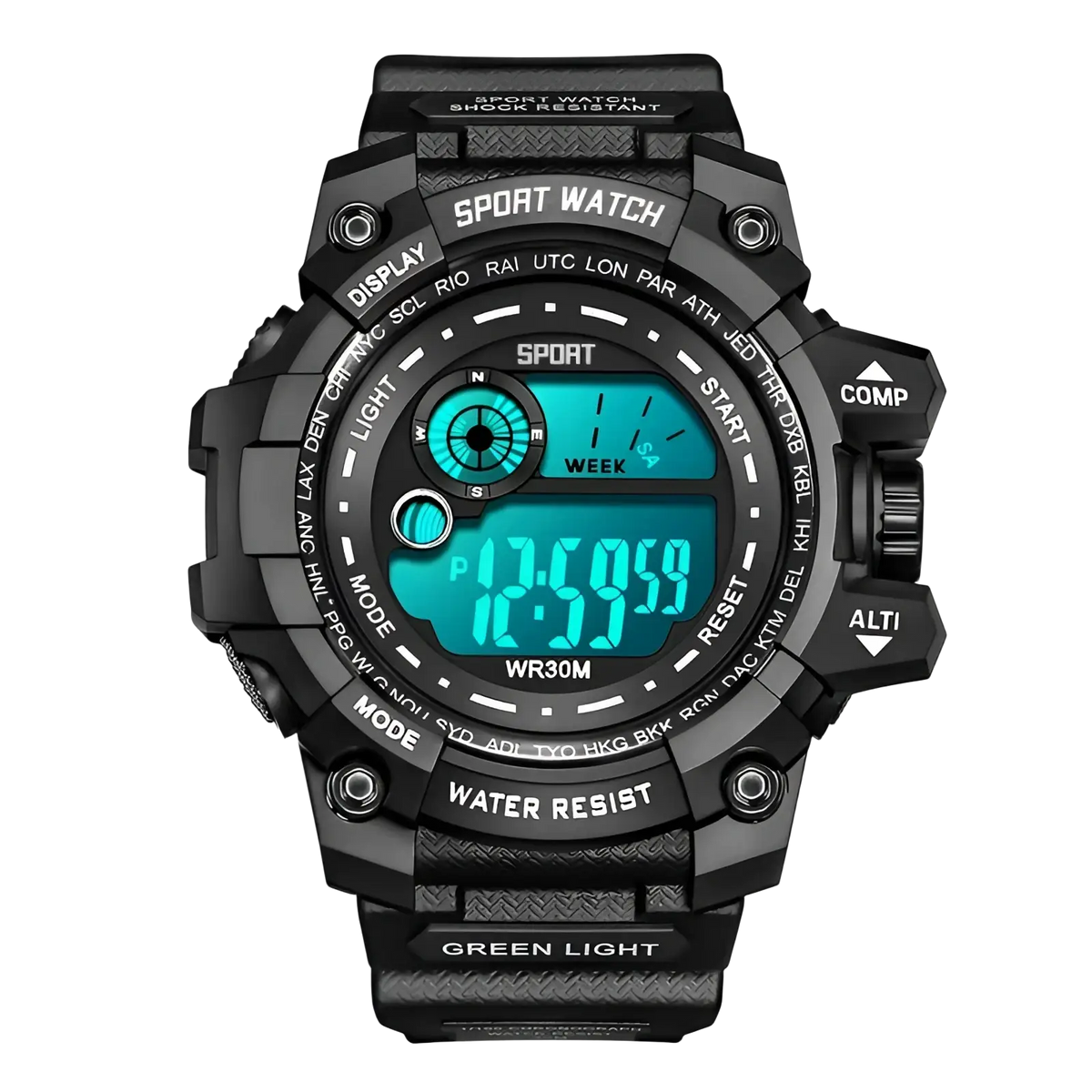 Men led digital sport watch in black with teal lcd screen and rugged textured casing designed for waterproof use