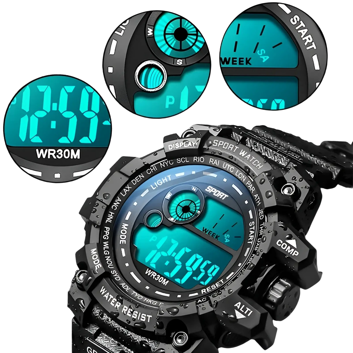 Black led digital sport watch with teal backlight featuring rugged waterproof design for men