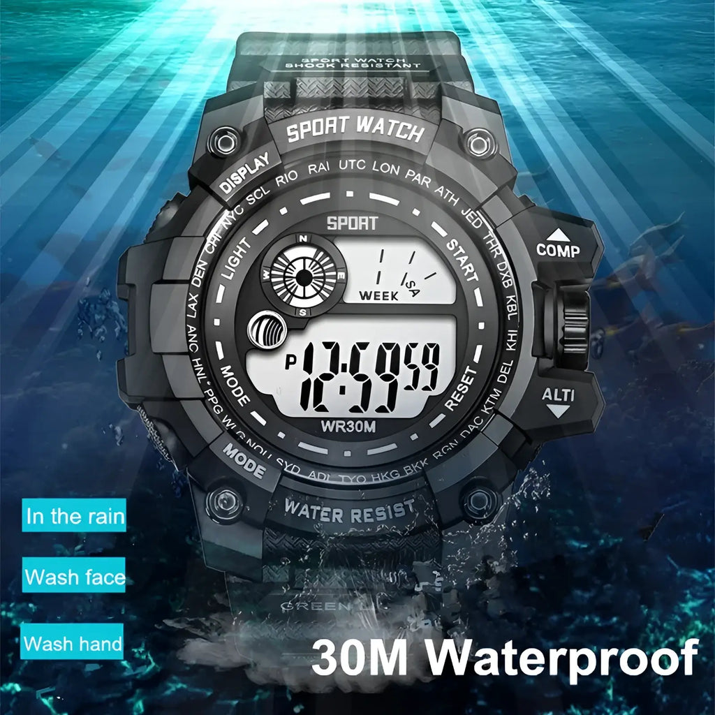Men led digital sport watch black with rugged textured case and strap, multiple function buttons, and illuminated display