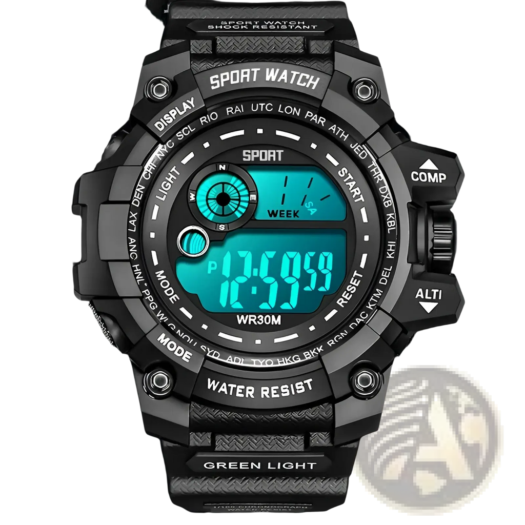 Men led digital sport watch black rugged waterproof with textured case and strap and bright teal lcd screen displaying time and date